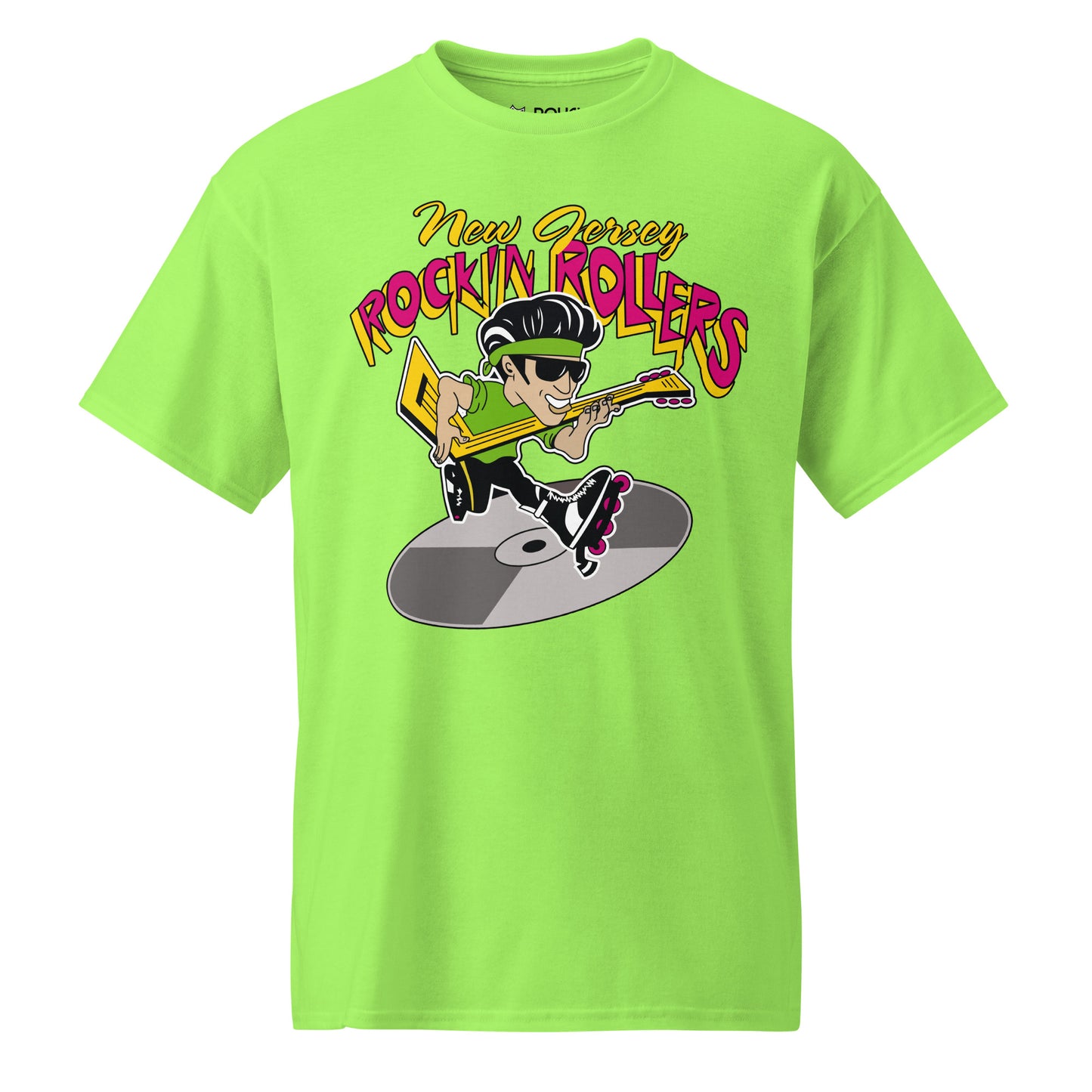 New Jersey Rockin Rollers roller hockey T-shirt lime. New Jersey in cursive, small gold, Rockin Rollers in bold, red, with gold trim large above rock & roll star with hockey stick as guitar, green T-shirt, headband, and sunglasses, rollerblading on a silver record below. Royal Retros