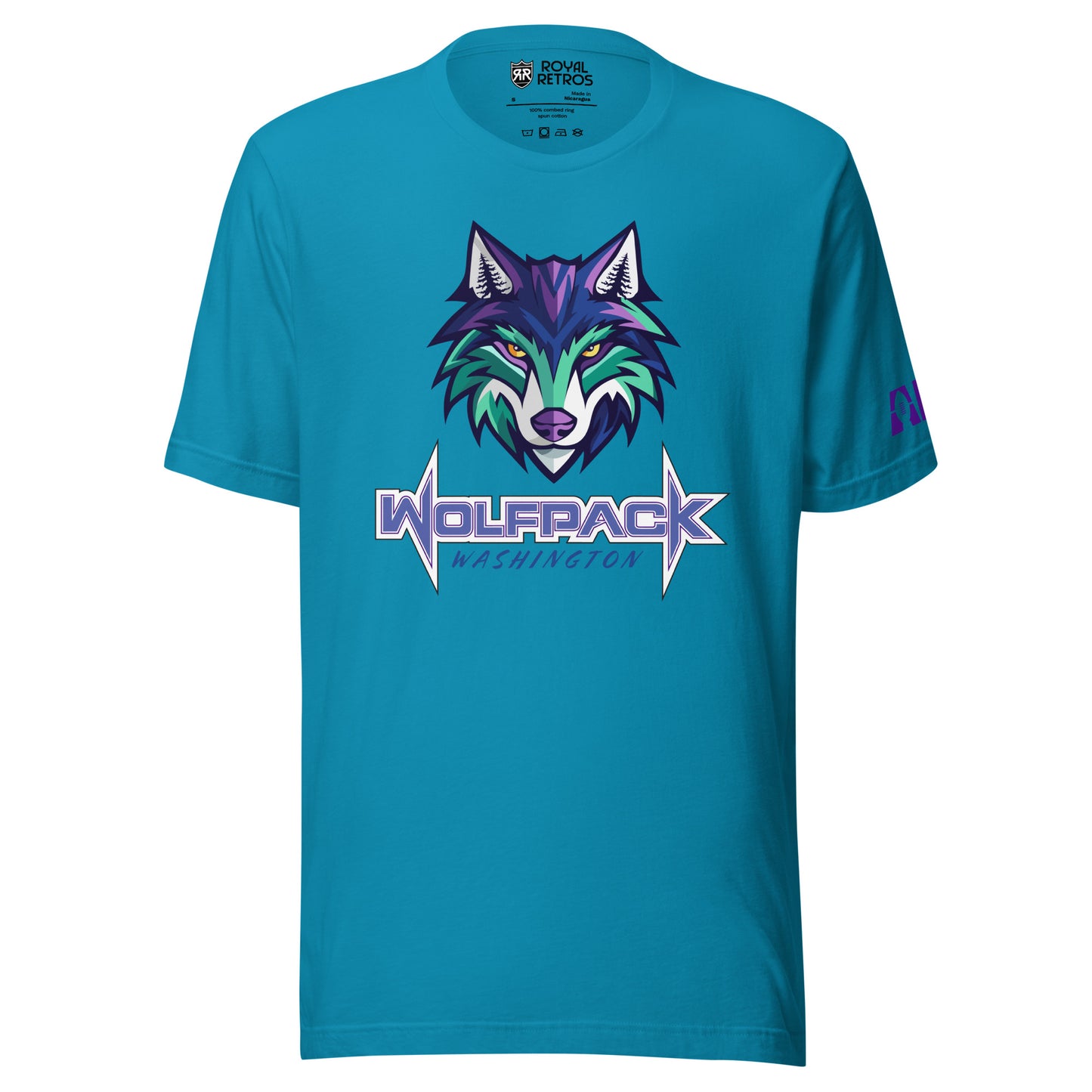 Washington Wolfpack T-shirt. Aqua. Light purple, dark purple, and teal wolf face over WOLFPACK in purple with white trim. Washington smaller in purple right below. Royal Retros