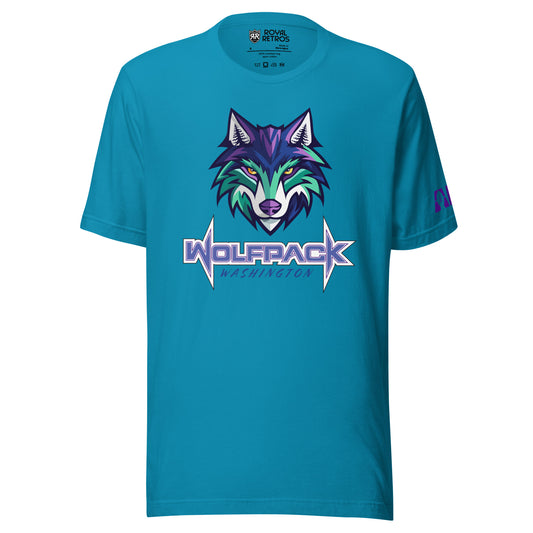 Washington Wolfpack T-shirt. Aqua. Light purple, dark purple, and teal wolf face over WOLFPACK in purple with white trim. Washington smaller in purple right below. Royal Retros