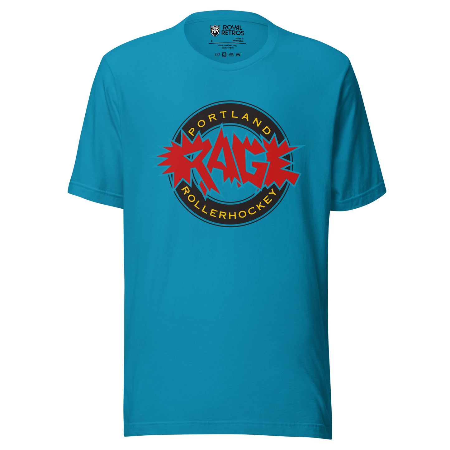Portland Rage roller hockey T-Shirt aqua. Black circle, aqua inside. Portland in gold in top of circle, Rollerhockey below. Rage in red outlined in blue with bursts over circle. Royal Retros