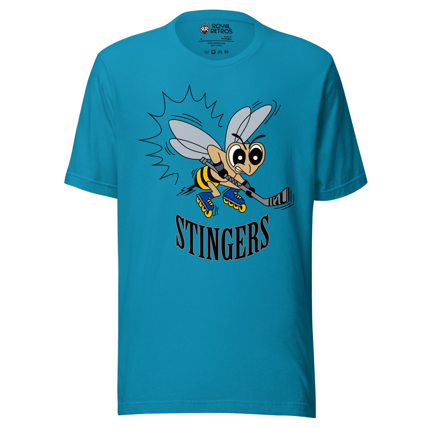 New England Stingers roller hockey T-Shirt. Aqua. Frowning cartoon bee with hockey stick. Stingers in black, curved upward, below bee. Royal Retros