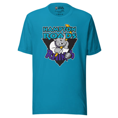 Aqua Hampton Roads Rhinos T-Shirt featuring a cartoon rhino design. Ryal Retros