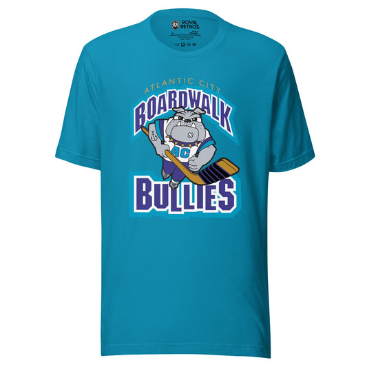 Atlantic City Boardwalk Bullies hockey T-shirt. Aqua. Boardwalk arched in purple with white and teal trim. Cartoon bulldog skating toward viewer holding hockey stick. Bullies in purple with white and teal trim. Royal Retros