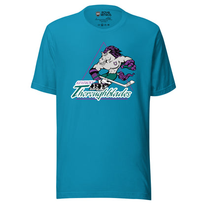 Kentucky Thoroughblades hockey T-shirt aqua. Cartoon horse, gray with purple mane and tail, holding hockey stick. Kentucky small Thoroughblades. Royal Retros