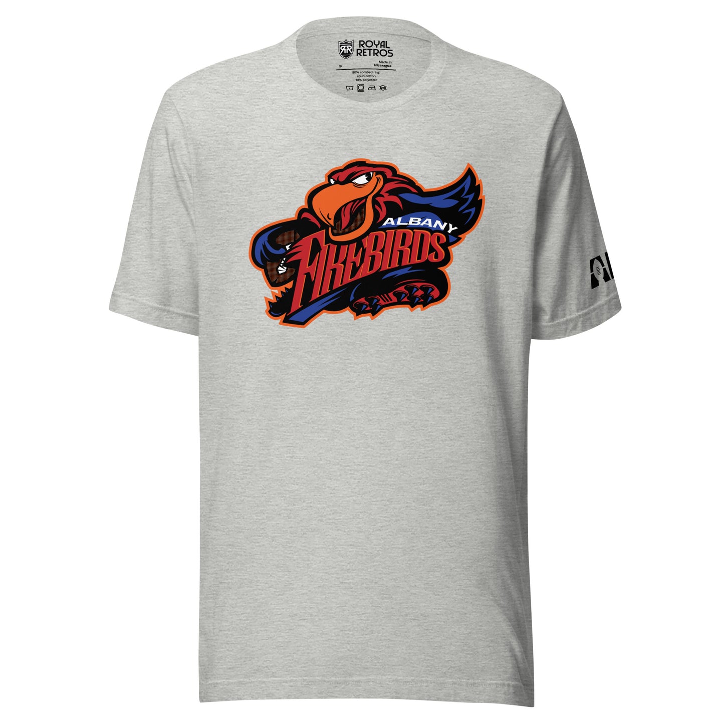 Albany Firebirds T-shirt. Heather Grey. Cartoon bird with Firebirds in red between open wings. Albany top right in white over Firebirds. Royal Retros