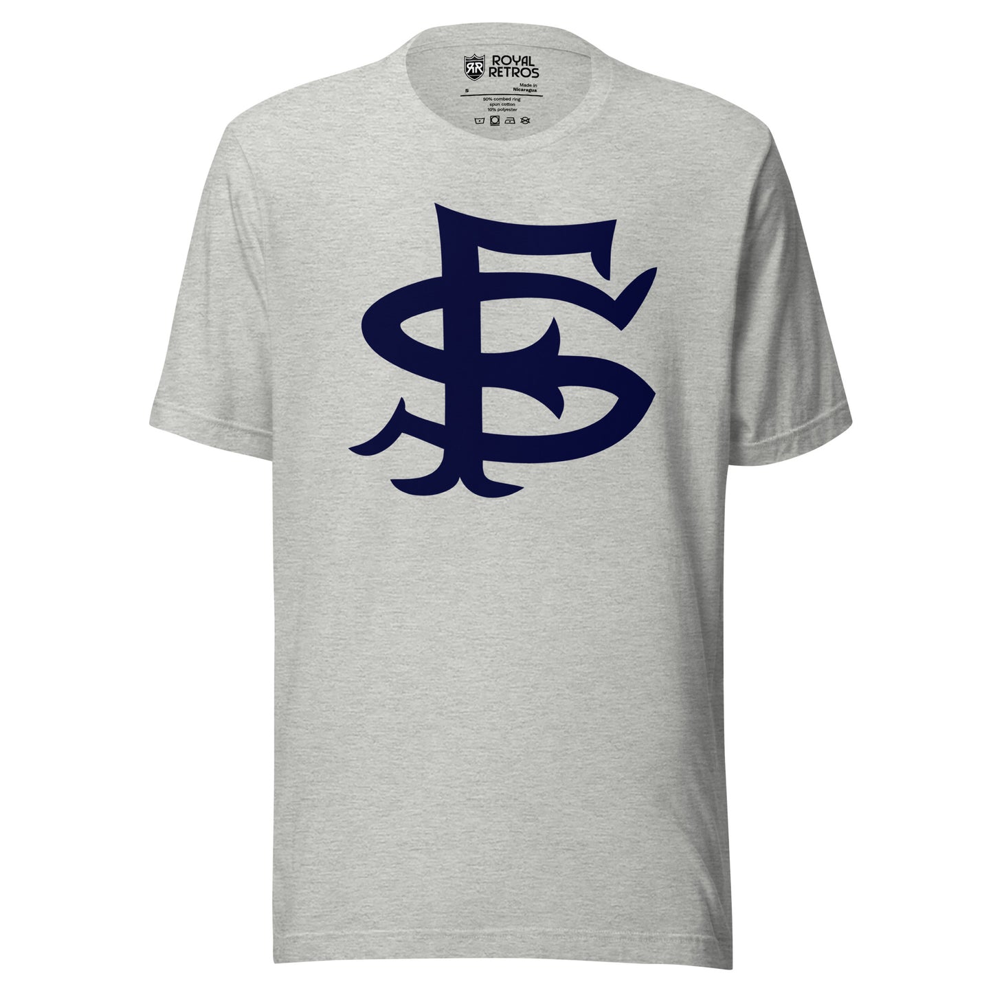 San Francisco Seals with large blue interlocking SF on gray tee Royal Retros