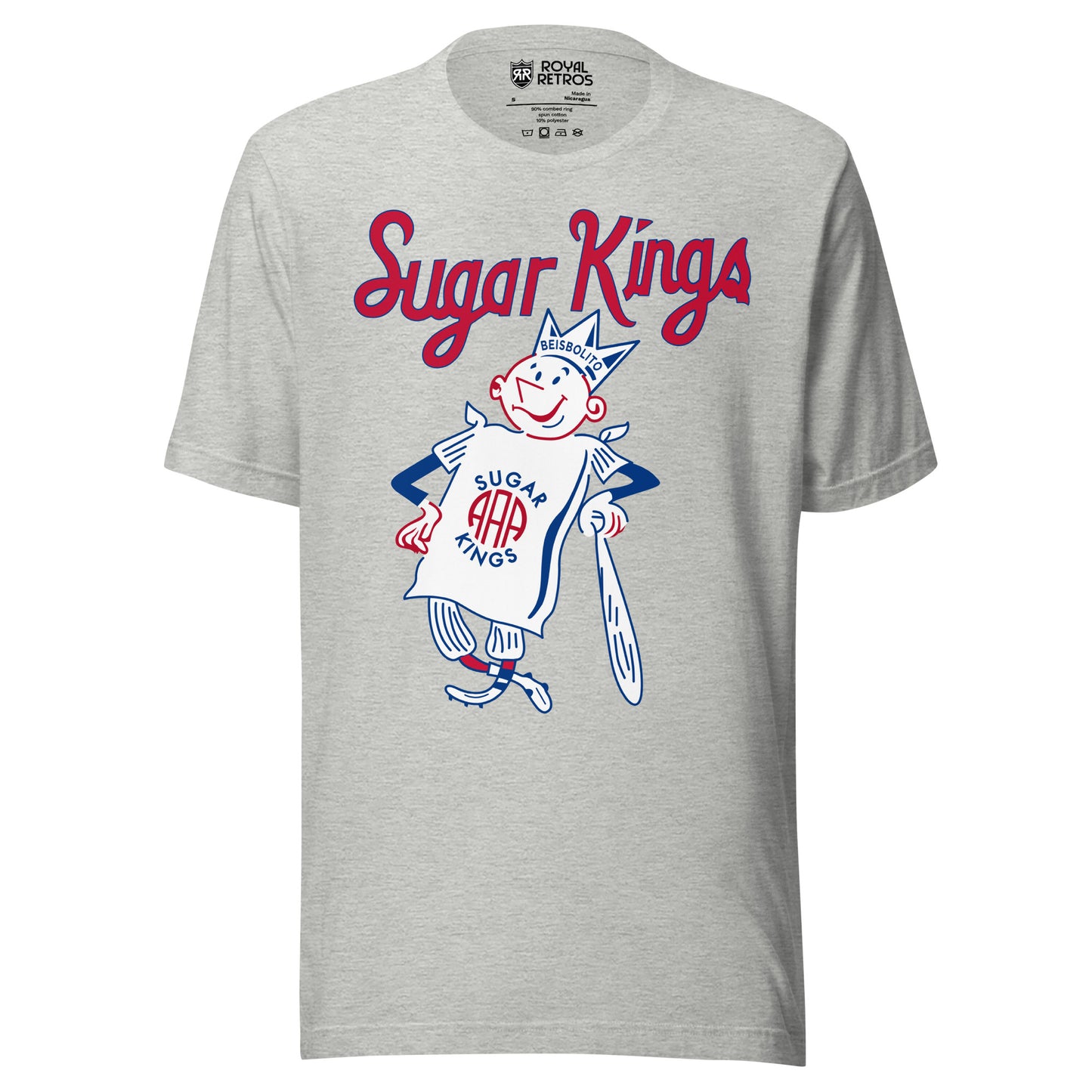 Havana Sugar Kings T-Shirt. Grey. Sugar Kings in red above anthropomorphic sugar bag wearing a crown and leaning on a bat. Royal Retros