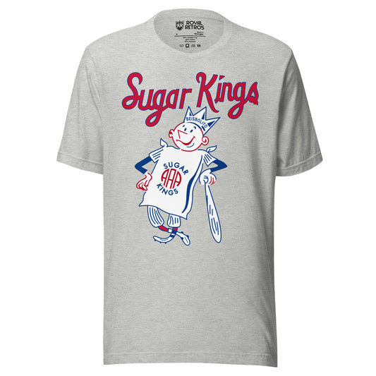 Havana Sugar Kings T-Shirt. Grey. Sugar Kings in red above anthropomorphic sugar bag wearing a crown and leaning on a bat. Royal Retros