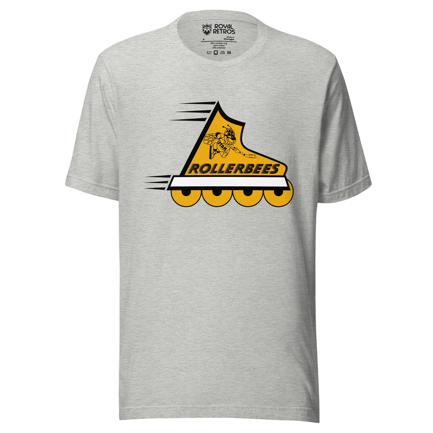 Utah Rollerbees roller hockey T-shirt. Light Gray. Yellow inline skate facing right. Rollerbees n black above wheels. Animated bee playing roller hockey on ankle. Royal Retros