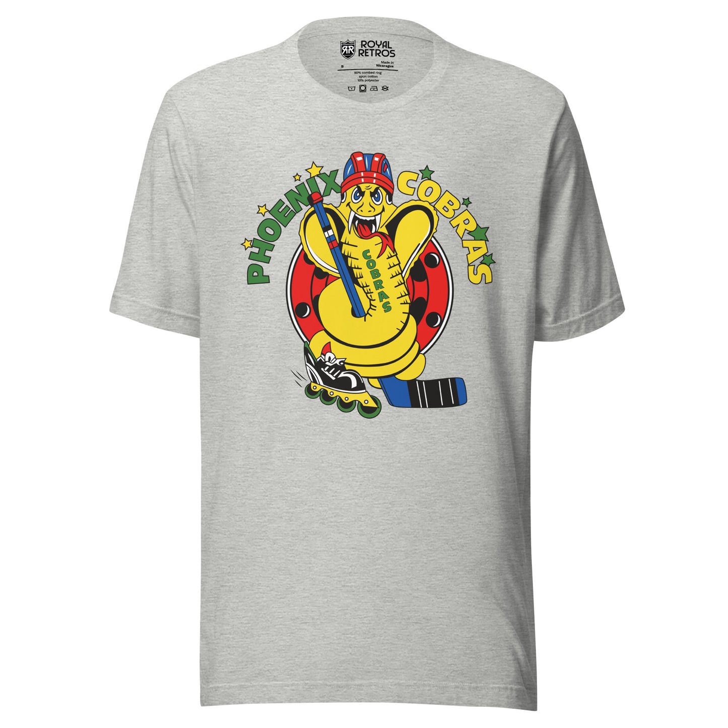 Phoenix Cobras roller hockey T-Shirt. Light Gray. Phoenix in green arched on left, yellow Cobras arched on right. Yellow cobra between holding hockey stick and wearing a red and blue helmet and holding a blue hockey stick. Royal Retros