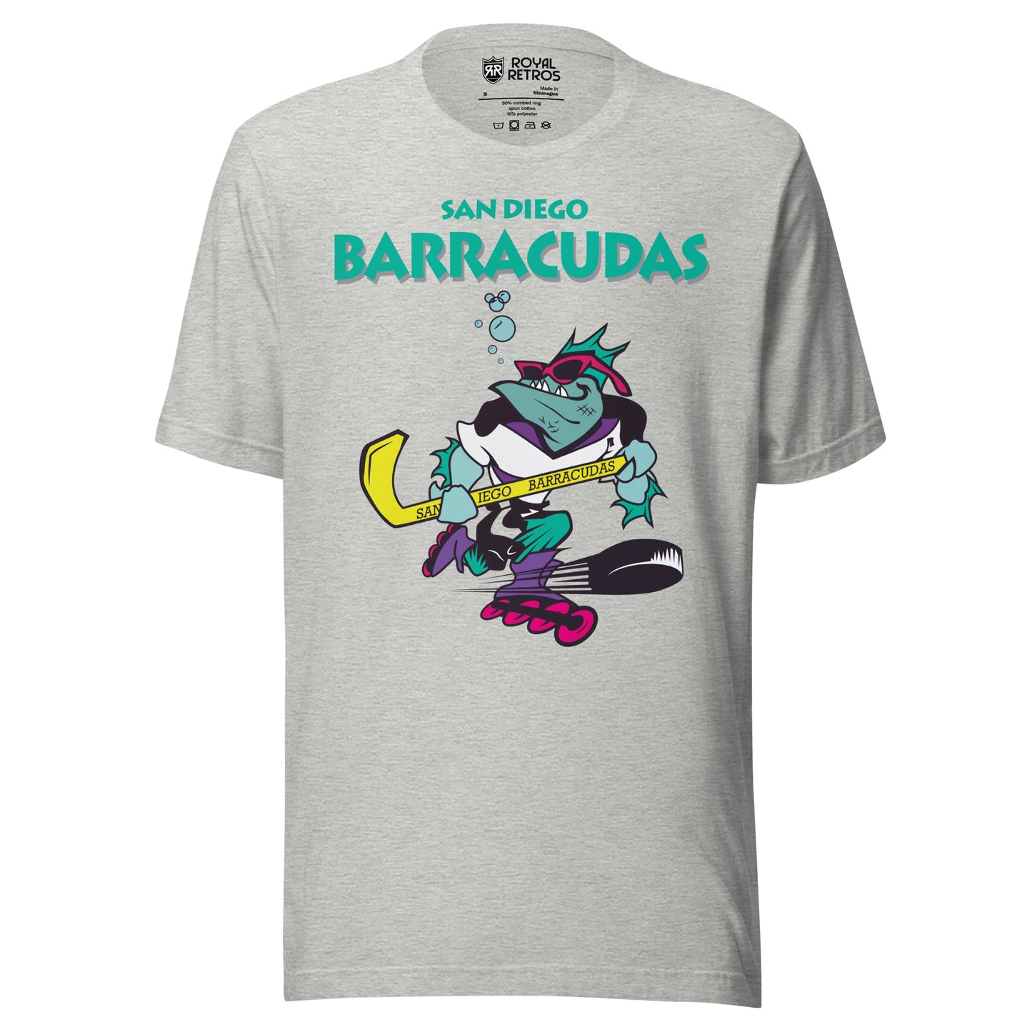 San Diego Barracudas roller hockey T-shirt. Light Gray. San Diego in aqua small over Barracudas in aqua large below. Below text, cartoon barracuda inline skating with hockey stick. Bubbles coming out of its mouth. Royal Retros.