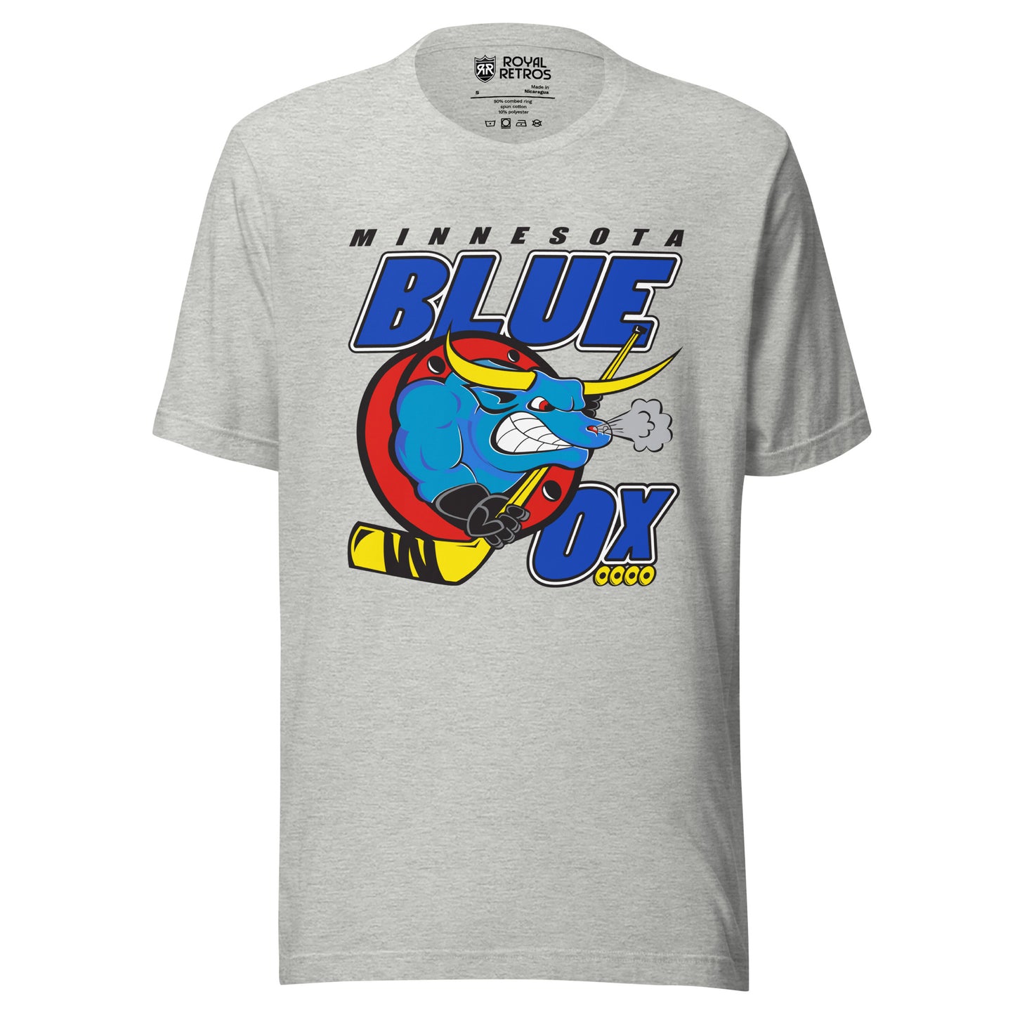 Minnesota Blue Ox roller hockey T-shirt. Light Gray. Minnesota in black above large BLUE. Blue Ox below with hockey stick. OX in blue to the right with four gold wheels underneath. Royal Retros