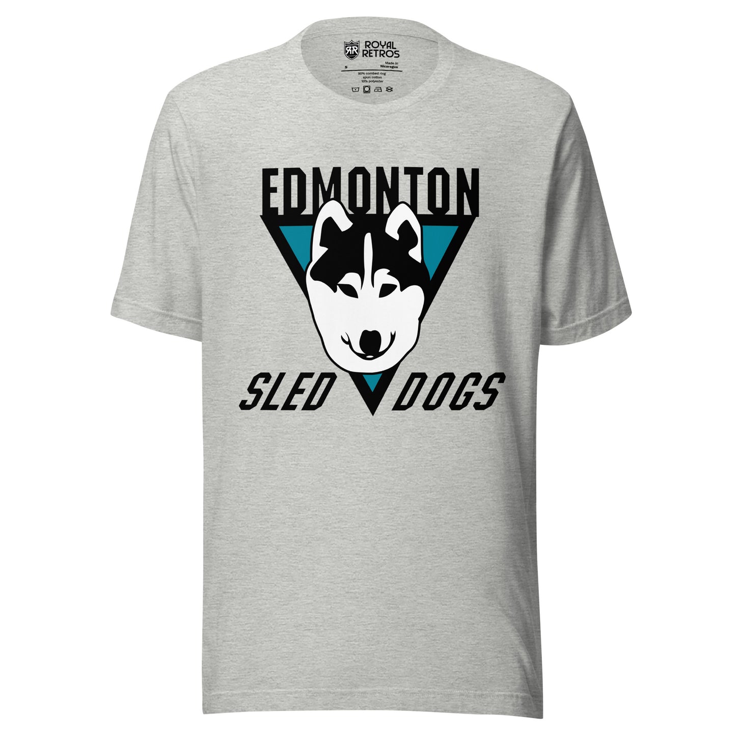 Edmonton Sled Dogs roller hockey T-Shirt. Light Gray. Black upside-down triangle. Husky face over top. Edmonton in black above triangle. Sled and Dogs on either side of bottom of triangle. Royal Retros