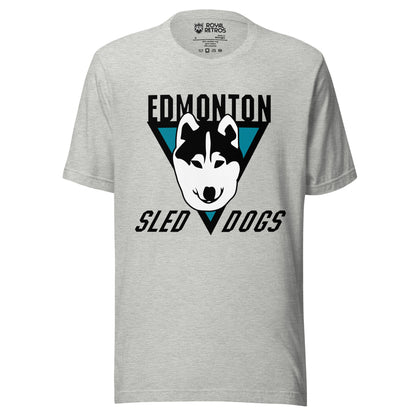 Edmonton Sled Dogs roller hockey T-Shirt. Light Gray. Black upside-down triangle. Husky face over top. Edmonton in black above triangle. Sled and Dogs on either side of bottom of triangle. Royal Retros