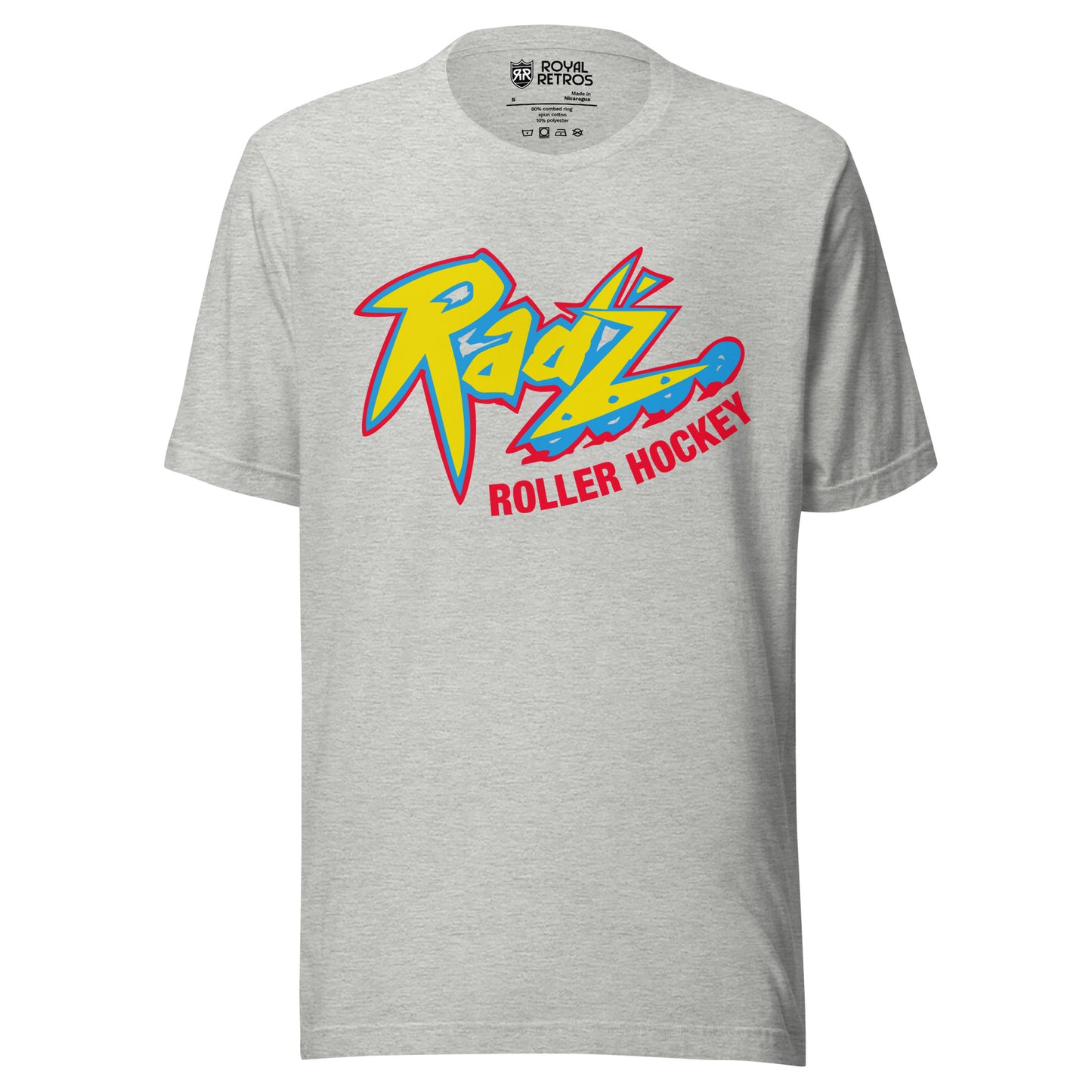 Calgary Rad'z Roller Hockey T-Shirt. Light Gray. Stylized Rad'z in yellow with red and blue trim. Rollerblade wheels on bottom of Z. Roller Hockey in red below main logo. Royal Retros
