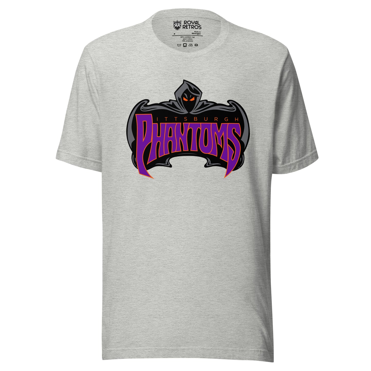 Pittsburgh Phantoms roller hockey T-Shirt light gray. Phantom with black face and yellow eyes with cape surrounding Phantoms in Purple. Royal Retros