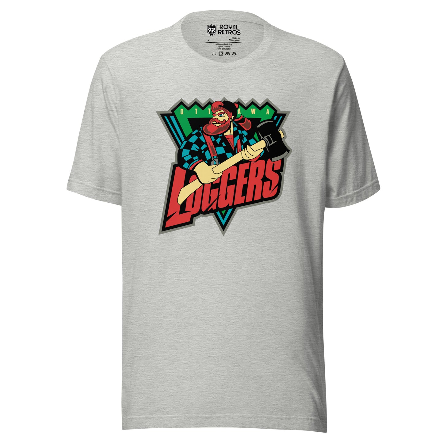 Ottawa Loggers roller hockey T-Shirt. Light gray. Upside down blue triangle, with jagged green top. Lumberjack chest up holding ax over triangle. OTT and AWA on either side of lumberjack's head on green jagged part. Loggers in red angled below lumberjack over bottom of triange. Royal Retros.