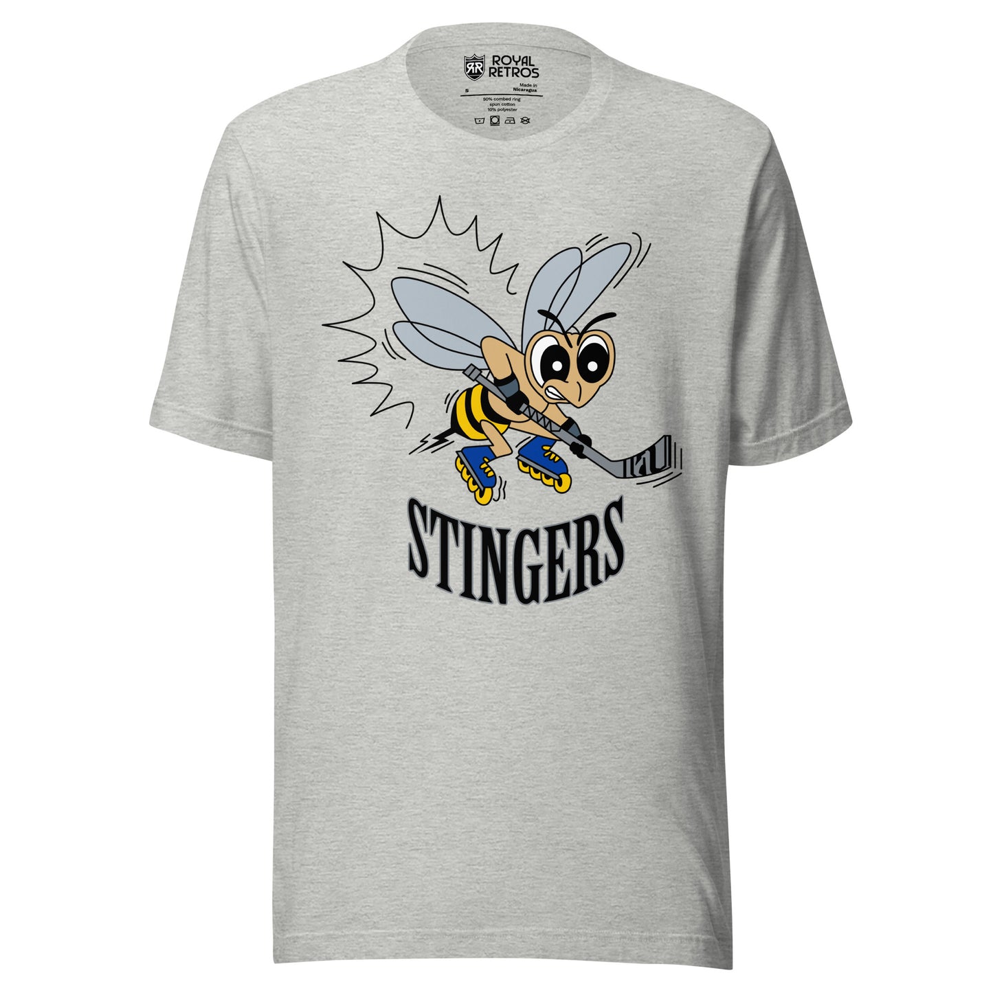 New England Stingers roller hockey T-Shirt. Gray. Frowning cartoon bee with hockey stick. Stingers in black, curved upward, below bee. Royal Retros