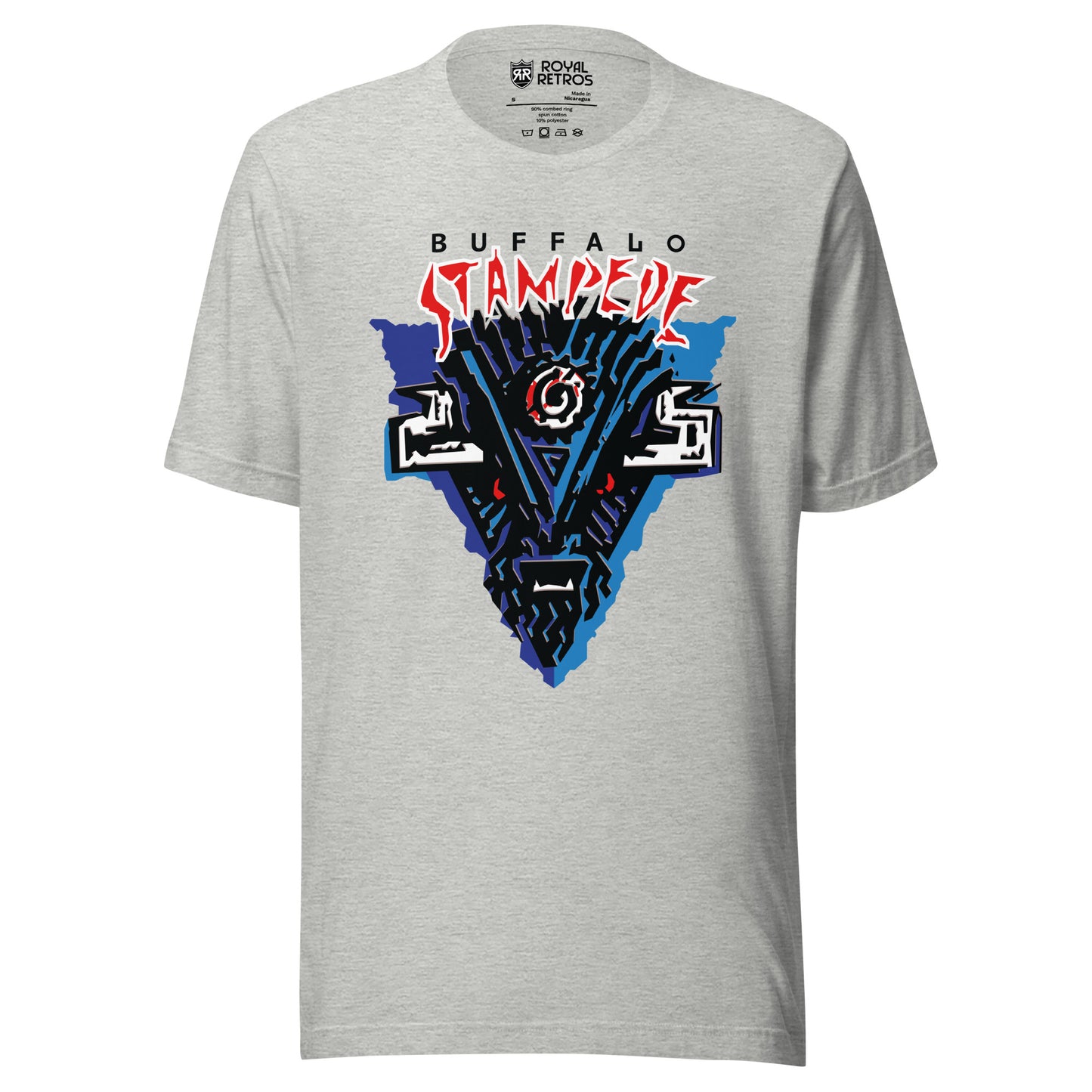 Buffalo Stampede logo T-Shirt. Light gray. Stylized Buffalo head straight on in blue and black. Stampede in red outlined on white above. Royal Retros