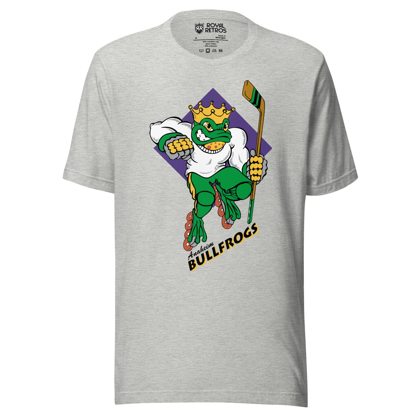 Anaheim Bullfrogs T-Shirt Light Gray. Bullfrog over purple diamond wearing a white tee and a gold crown holding a hockey stick. Bullfrogs on purple at an angle below. Royal Retros