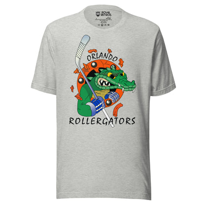 Orlando Rollergators roller hockey T-shirt. Light Gray. Menacing gator head over red circle. Gator is holding a hockey stick. Royal Retros