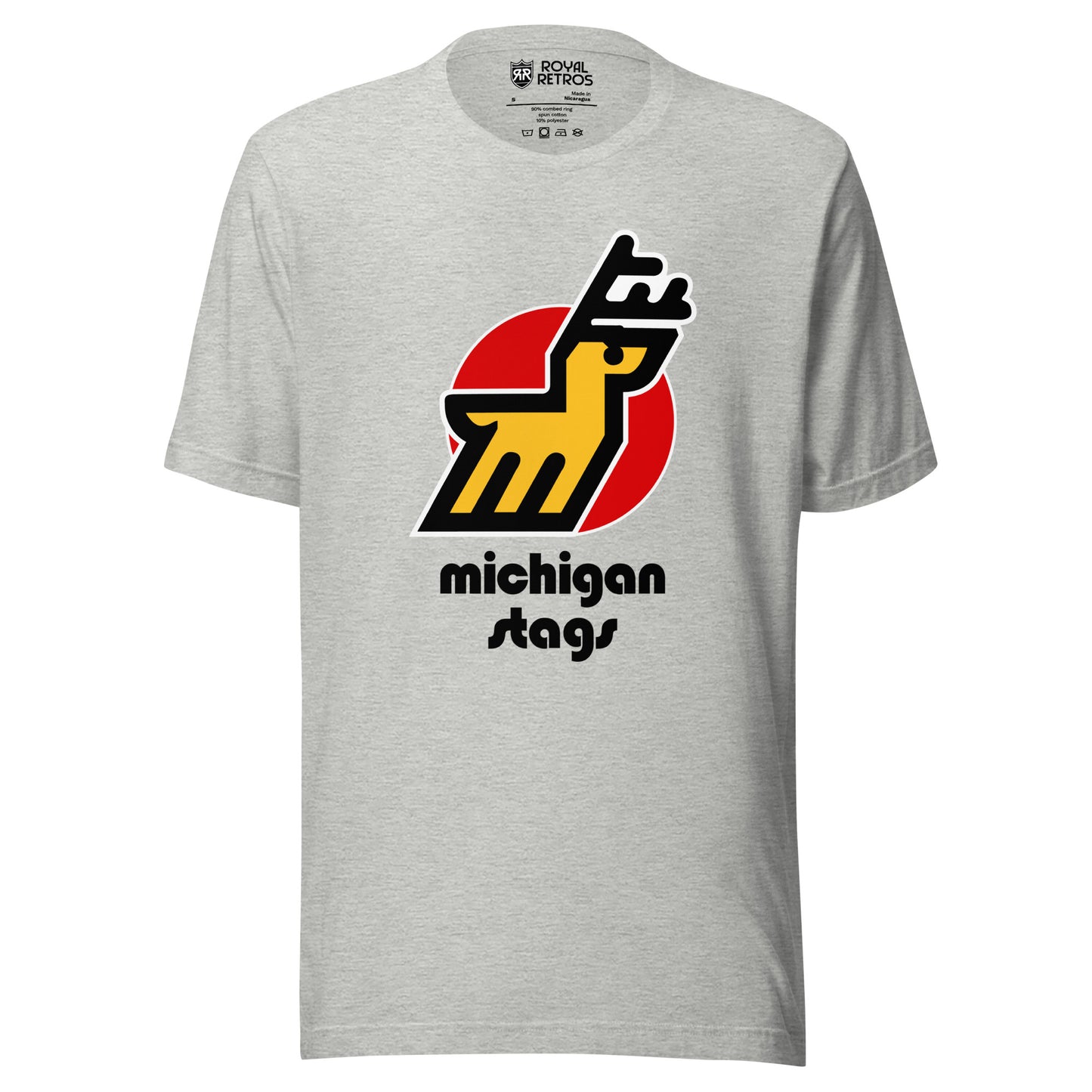 Michigan Stags WHA T-shirt. Light Gray. Stylized stag over red circle. Legs form "M." Michigan above Stags below in black in Bauhaus 93 typeface. Royal Retros