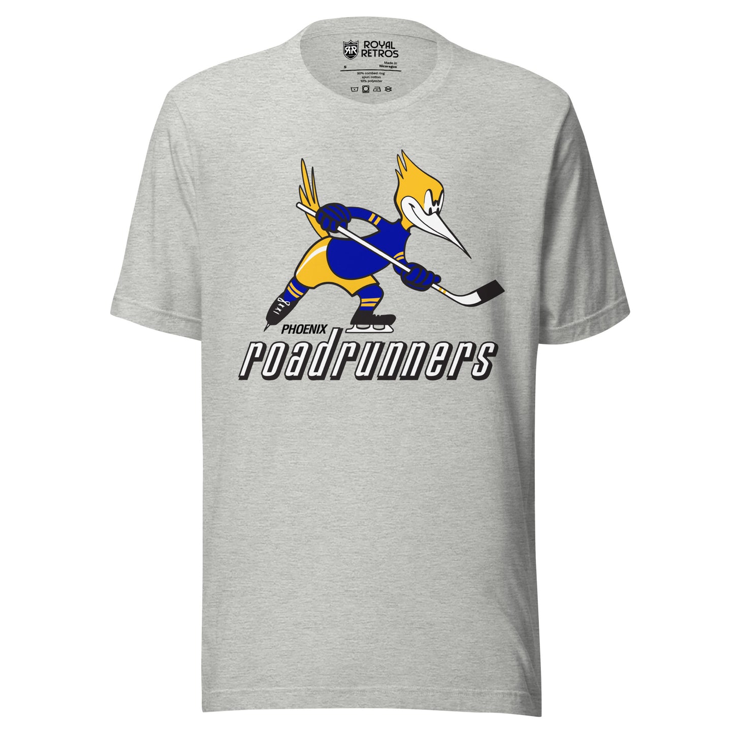 Phoenix Roadrunners T-shirt. Light Gray. Logo on chest of roadrunner holding a hockey stick facing right. Phoenix small in white over road runners large Royal Retros