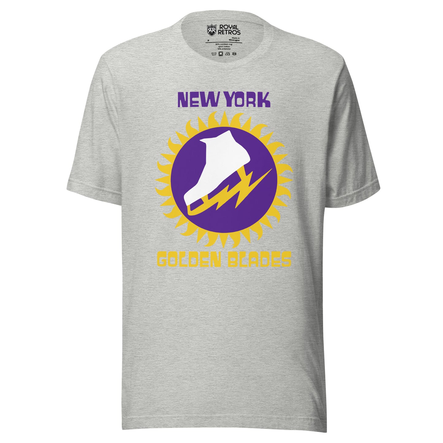 New York Golden Blades WHA T-shirt. Light Gray.  Logo: New York in purple above gold jagged circle, purple background inside with white skate with jagged gold blade. Golden Blades in gold below.  
 Royal Retros