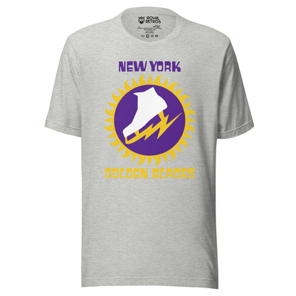 New York Golden Blades WHA T-shirt. Light Gray.  Logo: New York in purple above gold jagged circle, purple background inside with white skate with jagged gold blade. Golden Blades in gold below.  
 Royal Retros