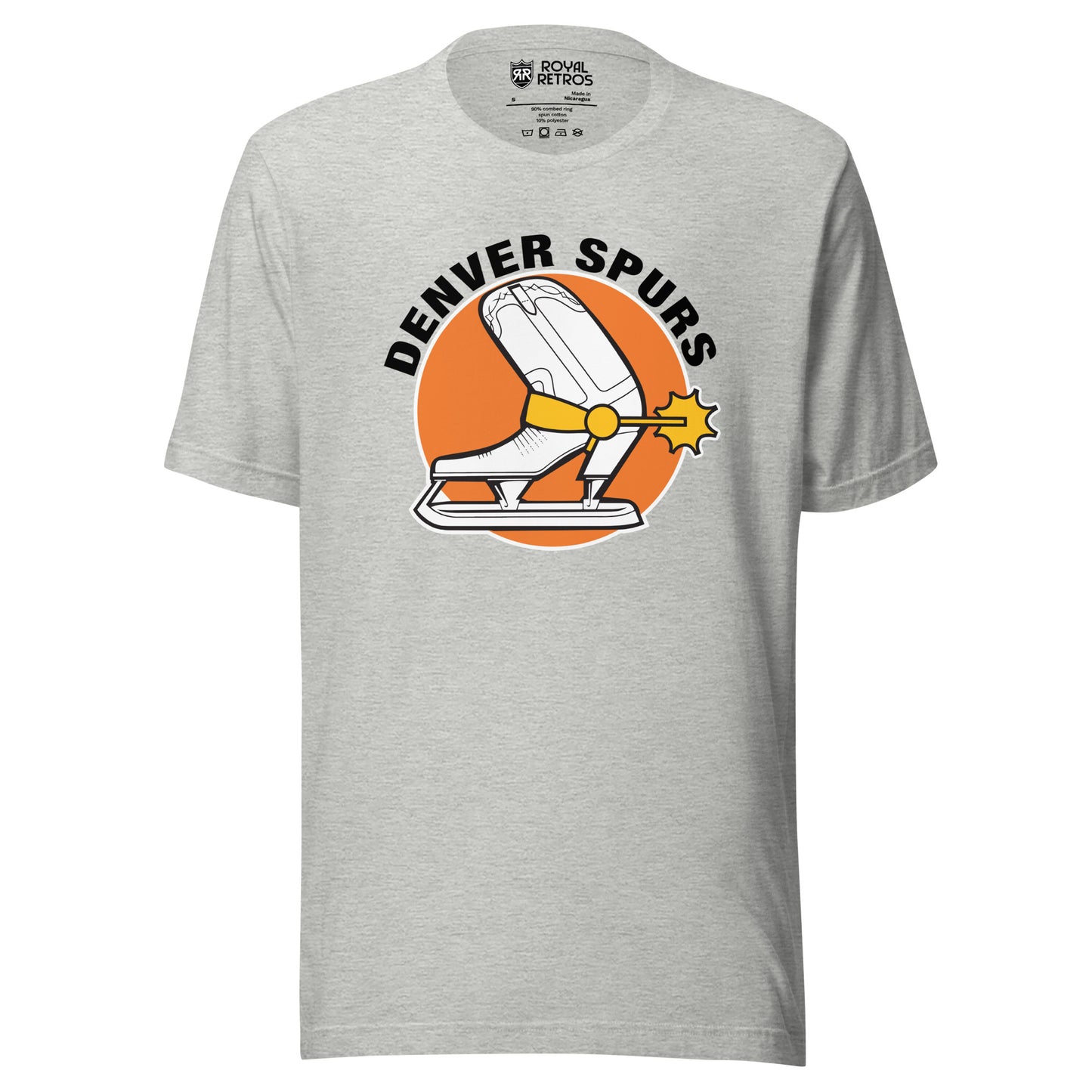 Denver Spurs WHA T-shirt. Light Gray. Denver Spurs in black arched over orange circle. White cowboy boot facing left, coming slightly out of circle. Skate underneath. Gold buckle and spur on boot/skate. Royal Retros