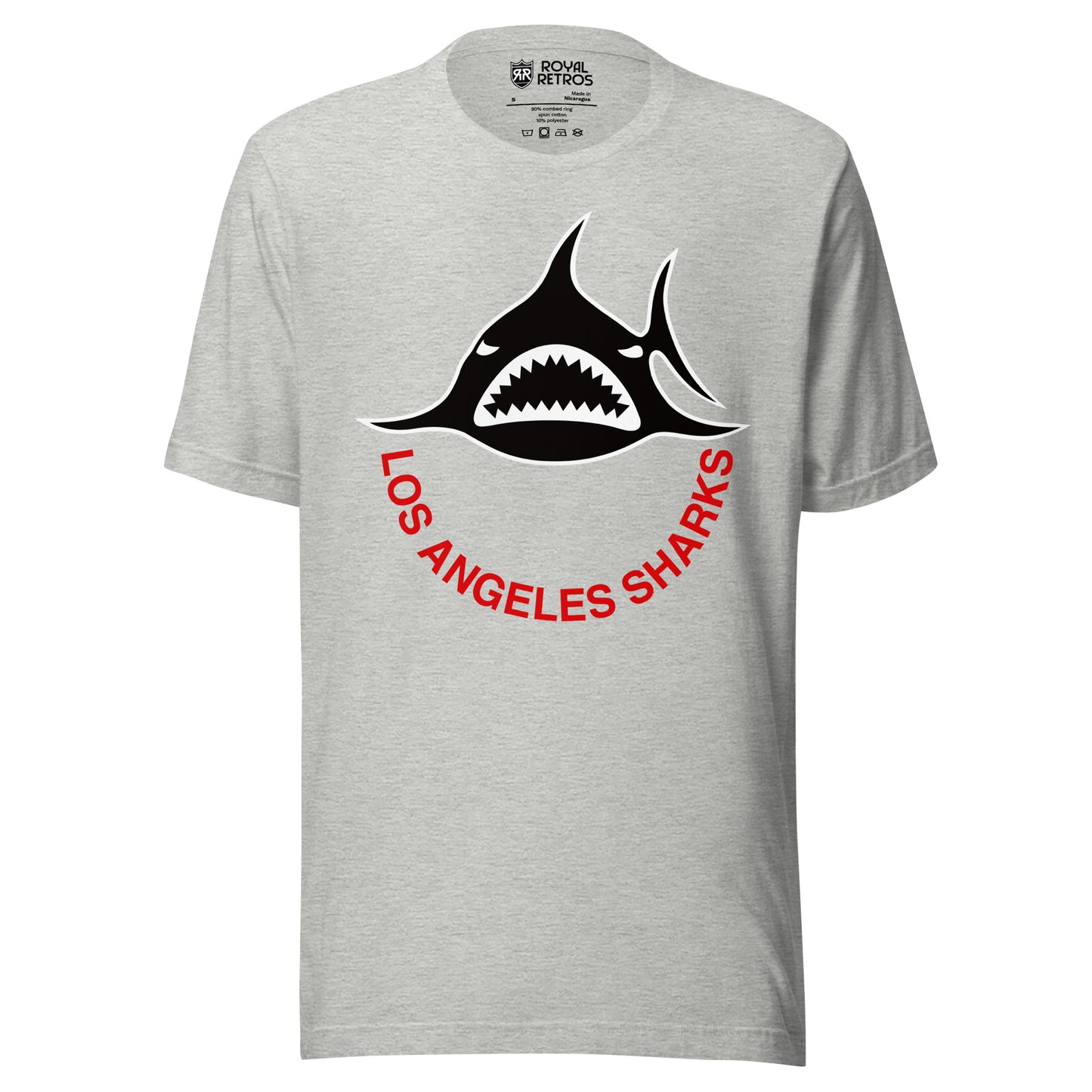 Los Angeles Sharks. WHA T-shirt. Light Gray. Black shark, straight on, with white teeth.  Los Angeles Sharks curved below in red. Royal Retros