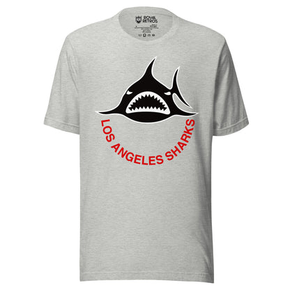 Los Angeles Sharks. WHA T-shirt. Light Gray. Black shark, straight on, with white teeth.  Los Angeles Sharks curved below in red. Royal Retros