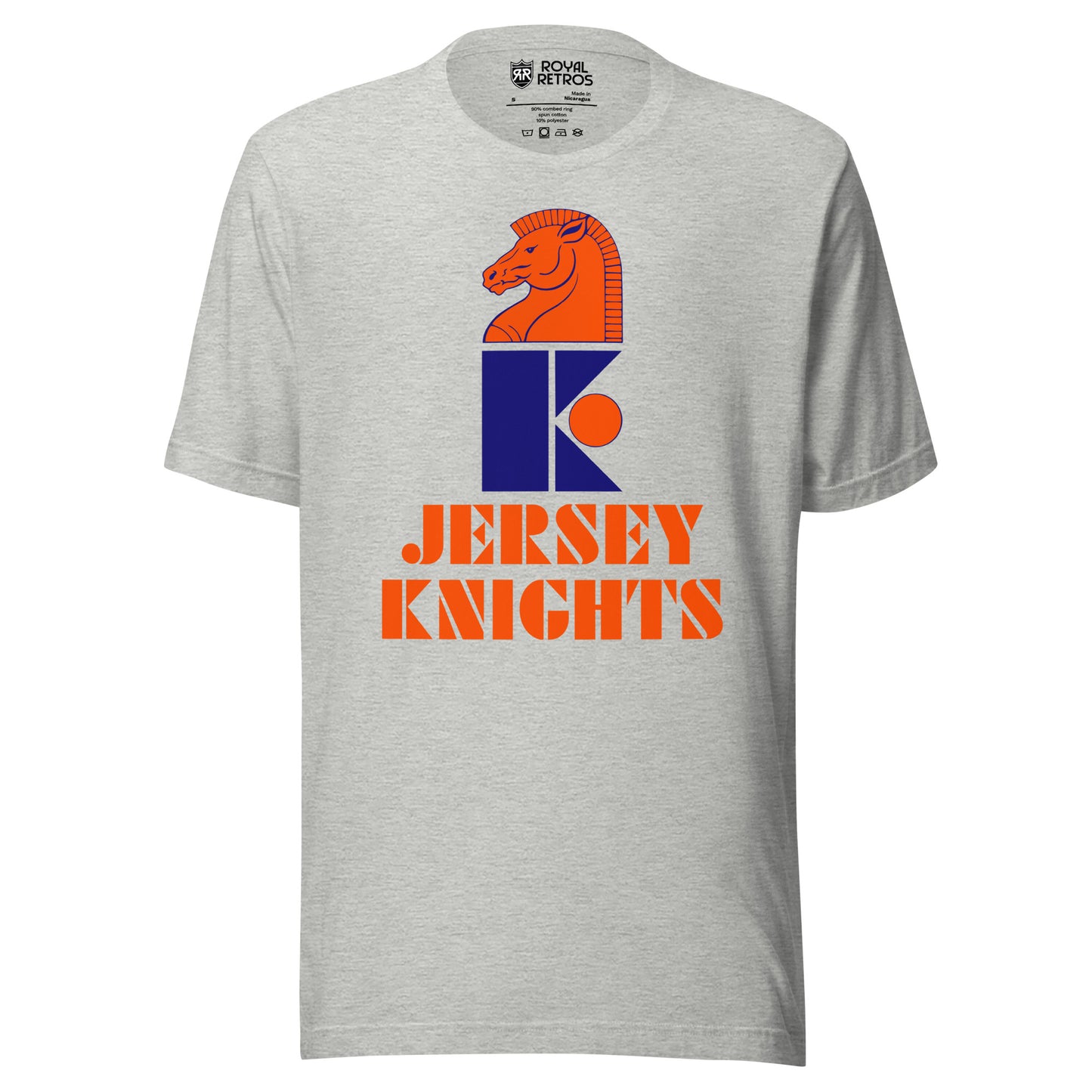 Jersey Knights WHA T-Shirt. Gray. Blue K with Horse Knight head in orange on top facing left. Orange circle next to K. Jersey above Knights both in orange below K. Royal Retros