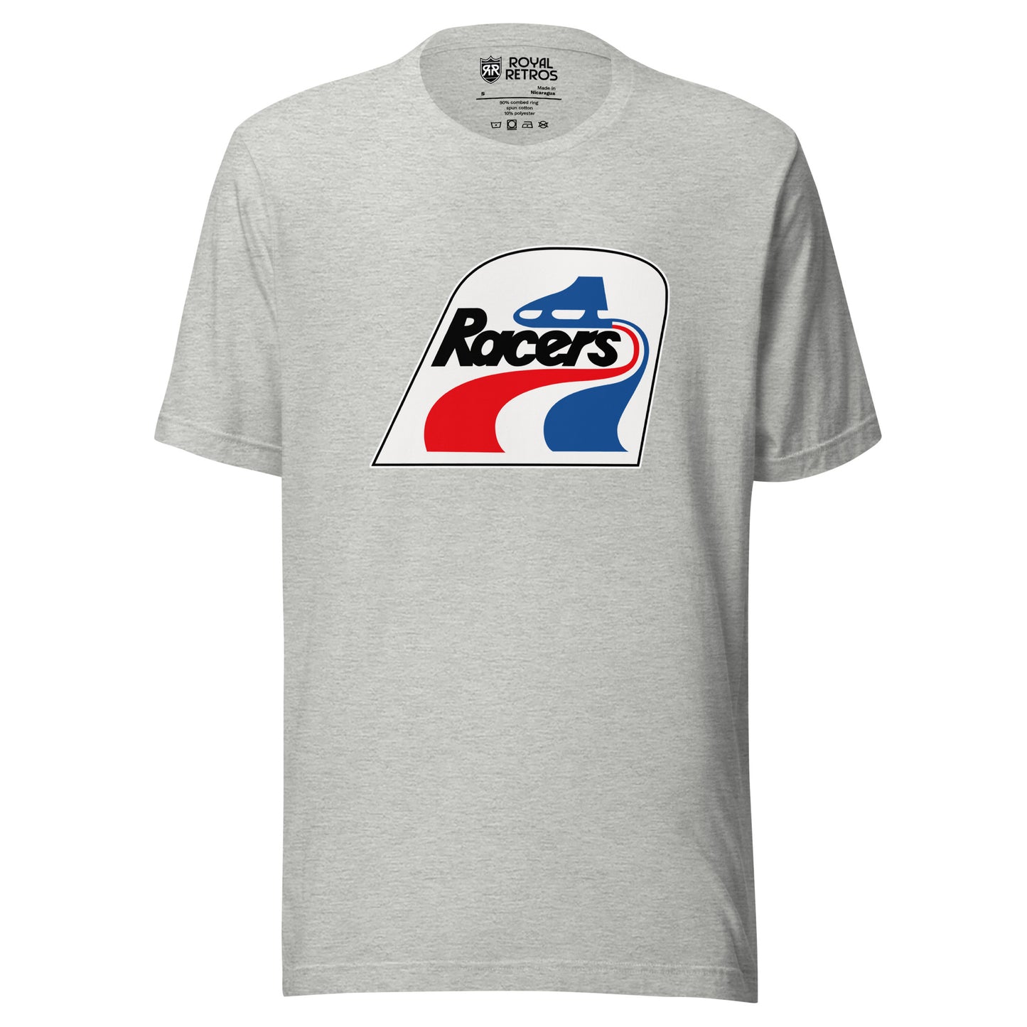 Indianapolis Racers WHA T-shirt. Light Gray. Logo is white square with curved top. Blue skate making red and blue waves. Racers in black below skate and above waves. Royal Retros