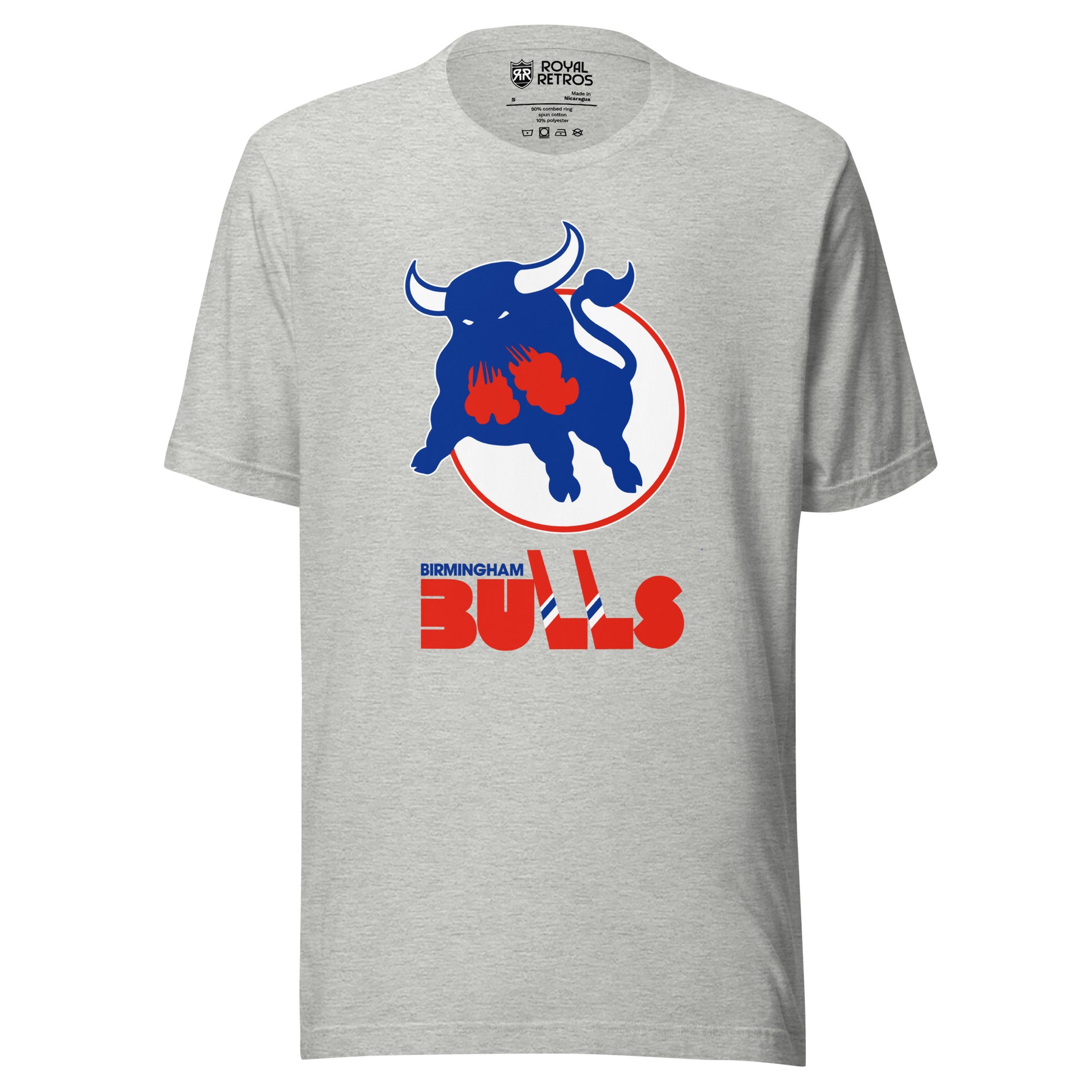 WHA Birmingham Bulls logo T-shirt. Gray. Blue bull snorting red steam on white circle. Birmingham small over large BULLS, Ls are hockey sticks. Royal Retros
