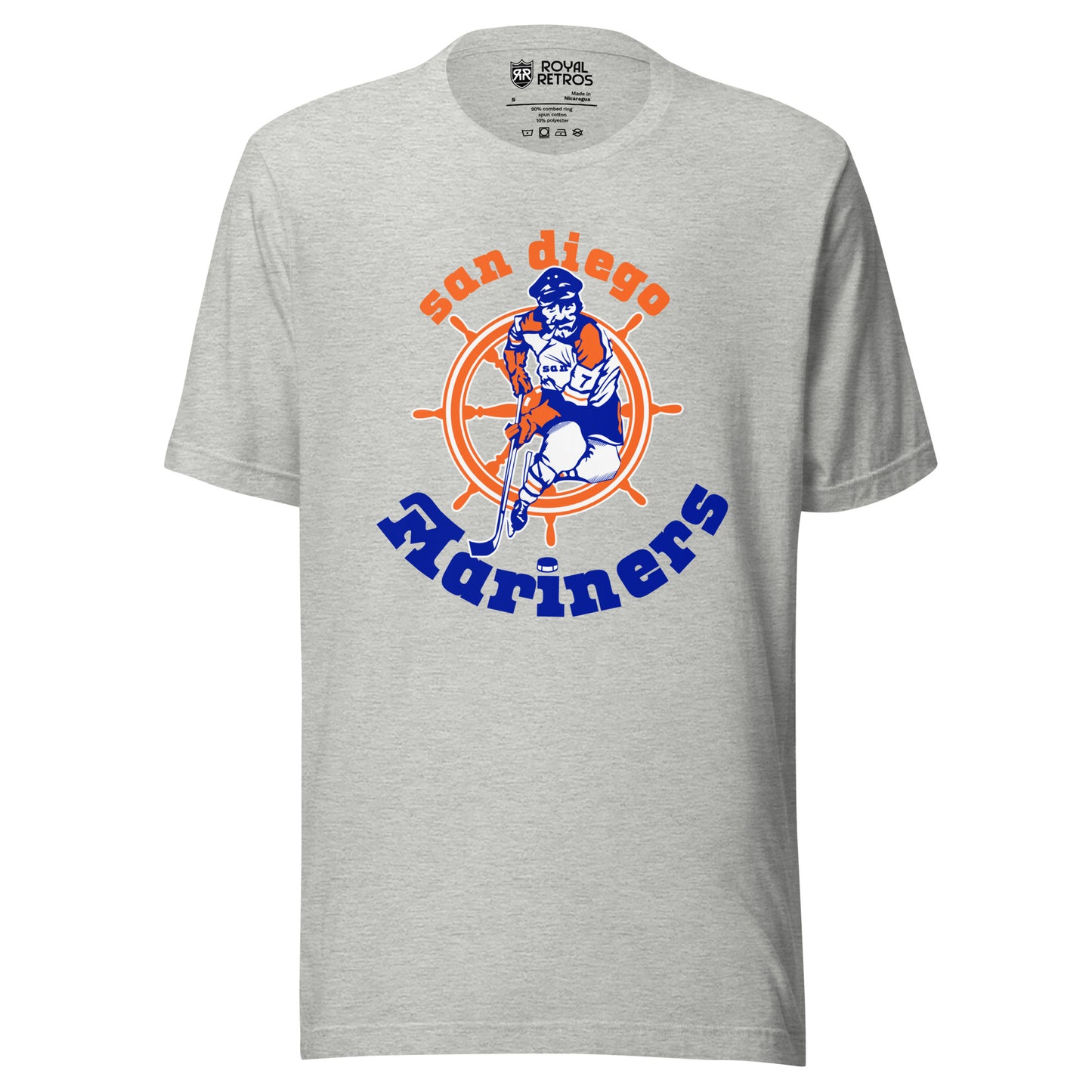 San Diego Mariners T-shirt gray. San Diego arched in orange above sailor skating coming at viewer, over orange and white ship's wheel. Mariners in blue arched underneath. Royal Retros