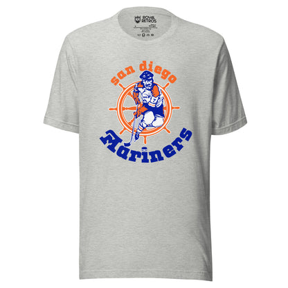 San Diego Mariners T-shirt gray. San Diego arched in orange above sailor skating coming at viewer, over orange and white ship's wheel. Mariners in blue arched underneath. Royal Retros