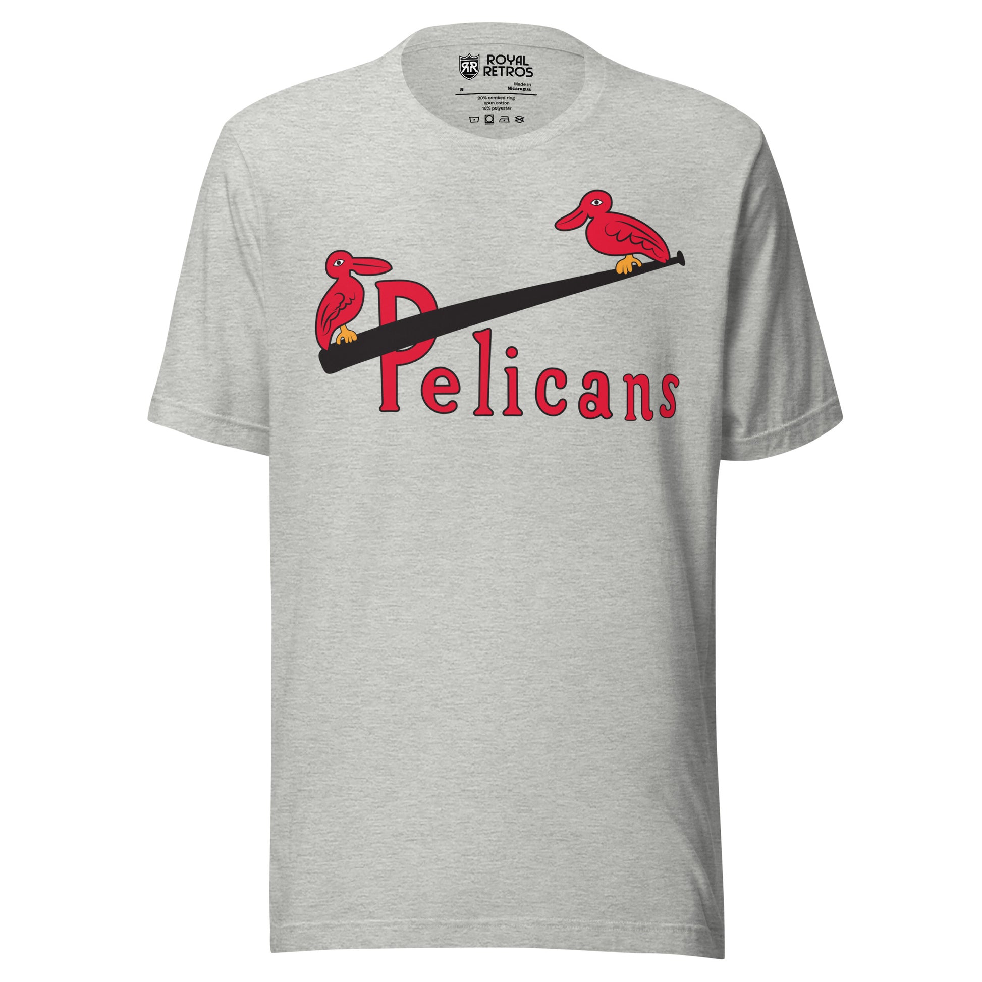 New Orleans Pelicans T-shirt gray. Pelicans in red across chest. Bat going through P with red pelicans sitting on either end. Royal Retros