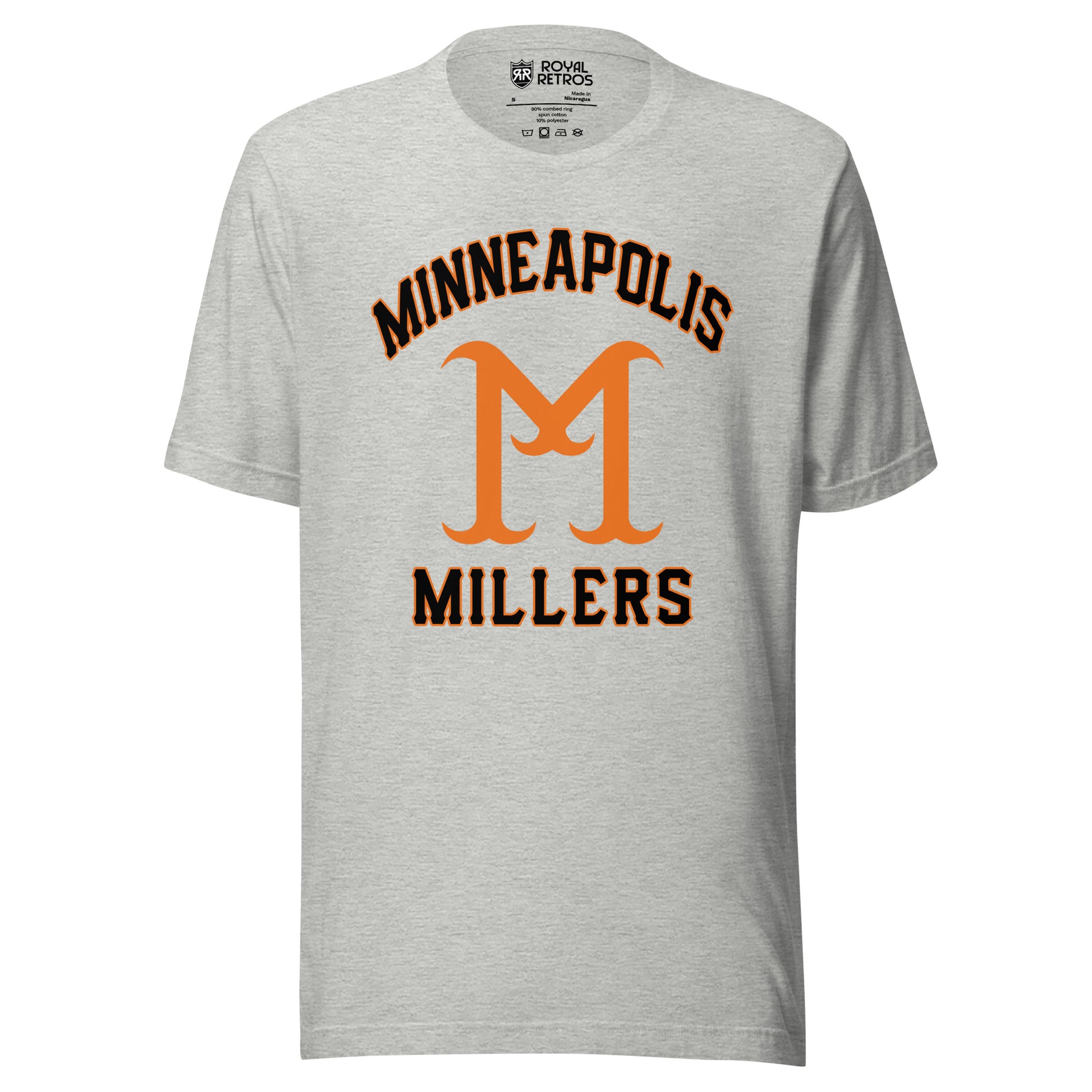 Minneapolis Millers baseball T-shirt gray. Minneapolis in black with orange trim arched above large orange M. Millers in black with orange trim below. Royal Retros