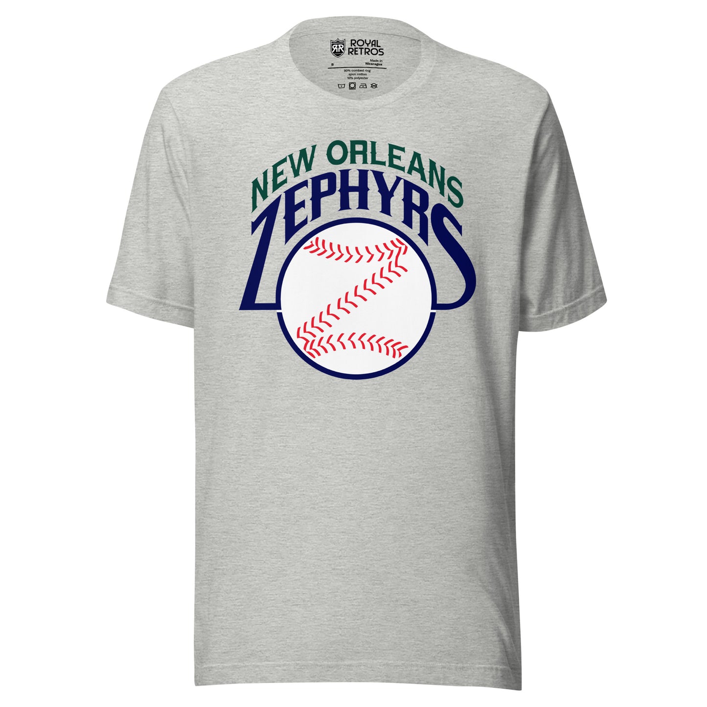 New Orleans Zephyrs T-shirt. Gray. New Orleans arched in green above Zephyrs arched in blue. Baseball below with stitches forming a Z. Royal Retros