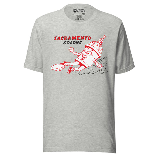 Sacramento Solons T-shirt gray. Cartoon state capitol building, white with red trim, sliding into a base, right to left. Sacramento in red, Solons in gray below, to upper left of capitol. Royal Retros