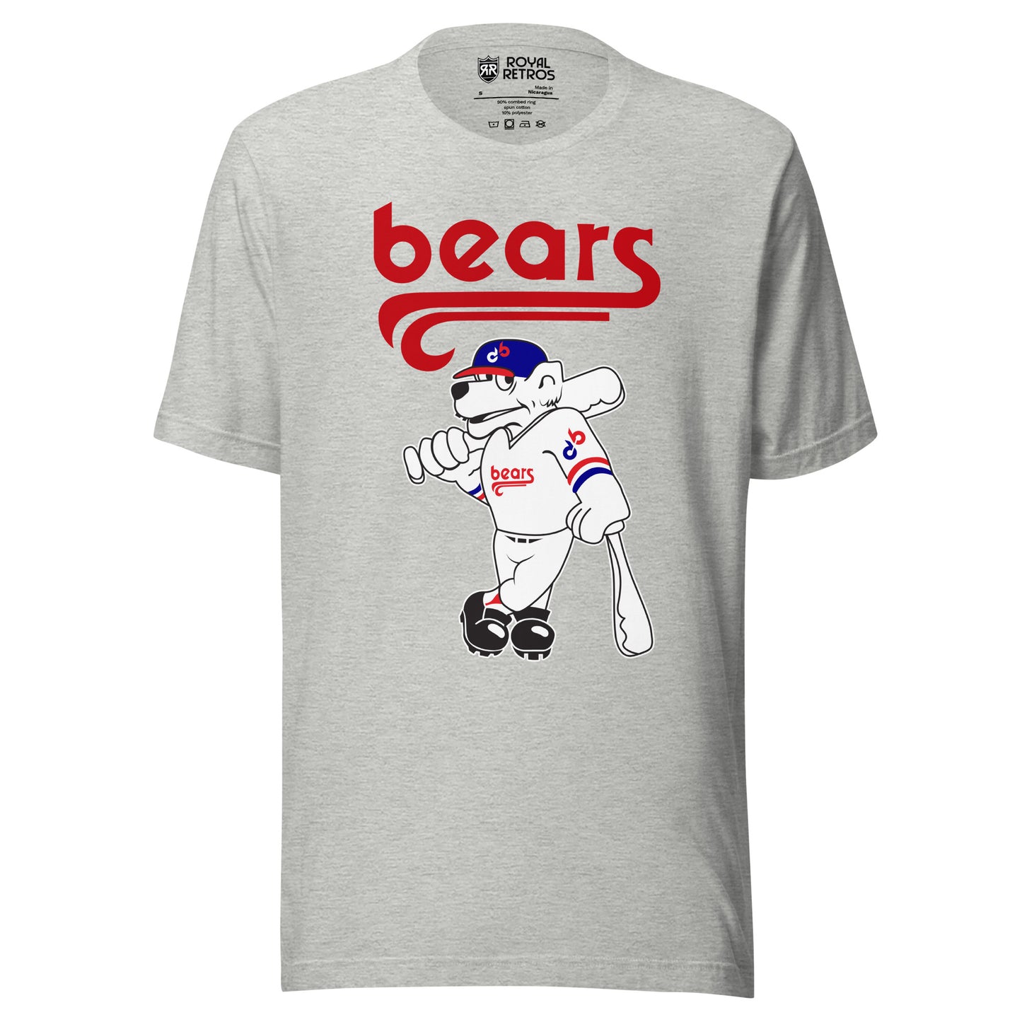 Denver Bears T-shirt. Gray. "bears" stylized in red over White bear in blue cap with red bill holding a bat over its shoulder. "Bears" on bear's jersey. Royal Retros