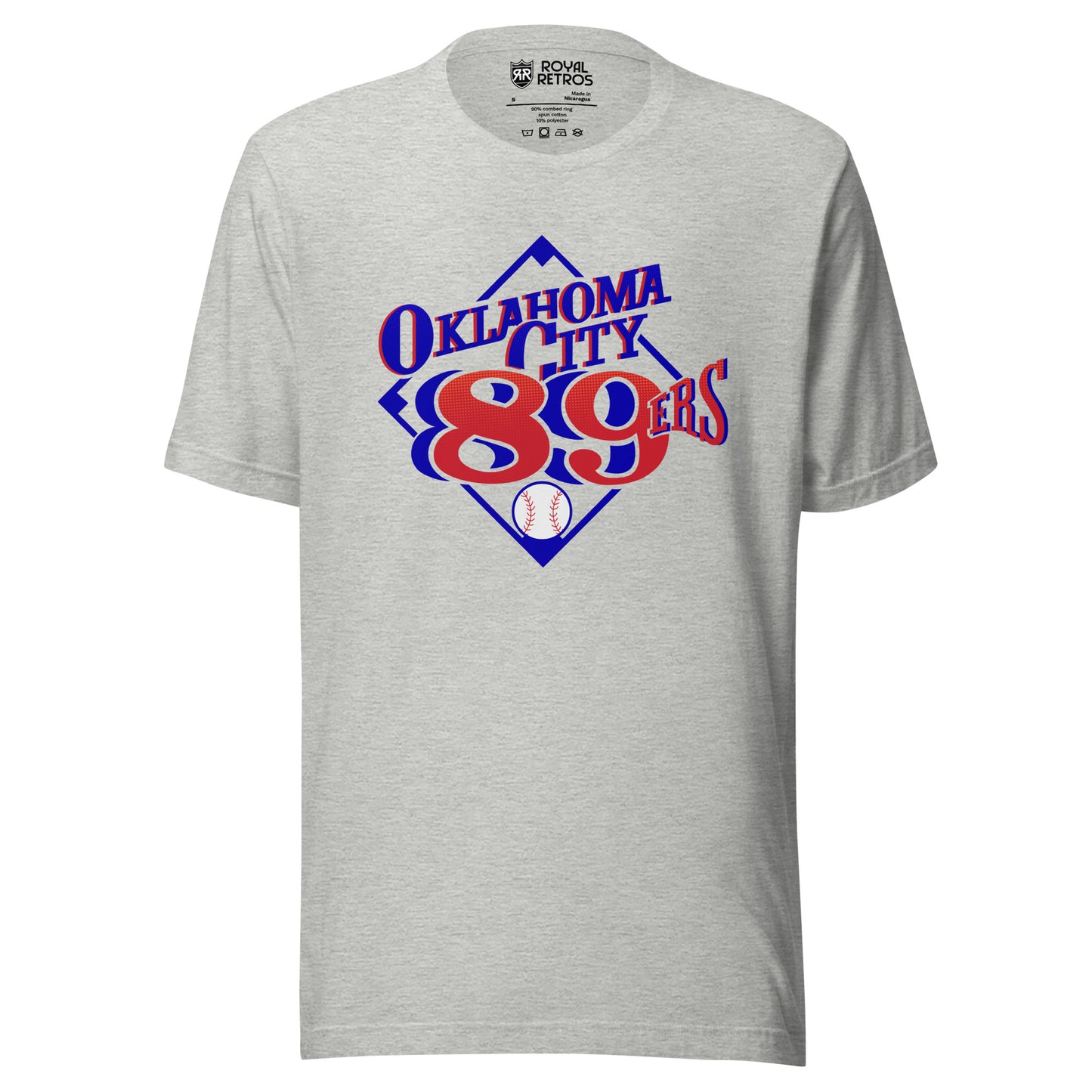 Oklahoma 89ers T-Shirt Gray. Blue baseball diamond with Oklahoma across, above 3rd base, below 2nd base. 89ers on bottom half of diamond with a baseball below. Royal Retros