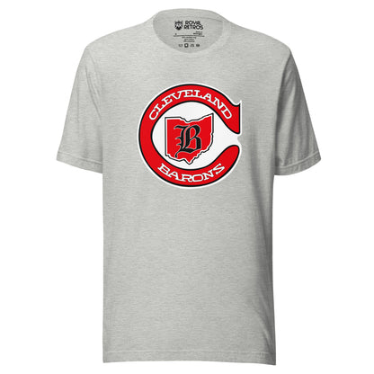 Cleveland Barons 1976 hockey T-shirt. Gray. Red C with Cleveland in white inside top of C, Barons in white in lower part of C. Inside C is Ohio background in red with B in old English typeface overtop. White background inside. Royal Retros