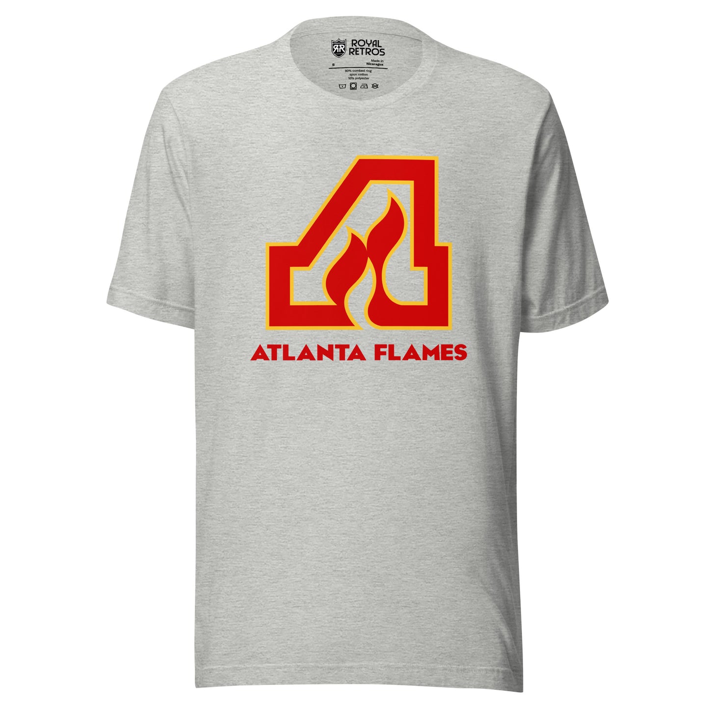 Atlanta Flames T-shirt. Gray. Large red A with gold trim with flames coming up into letter. Atlanta Flames in red below. Royal Retros