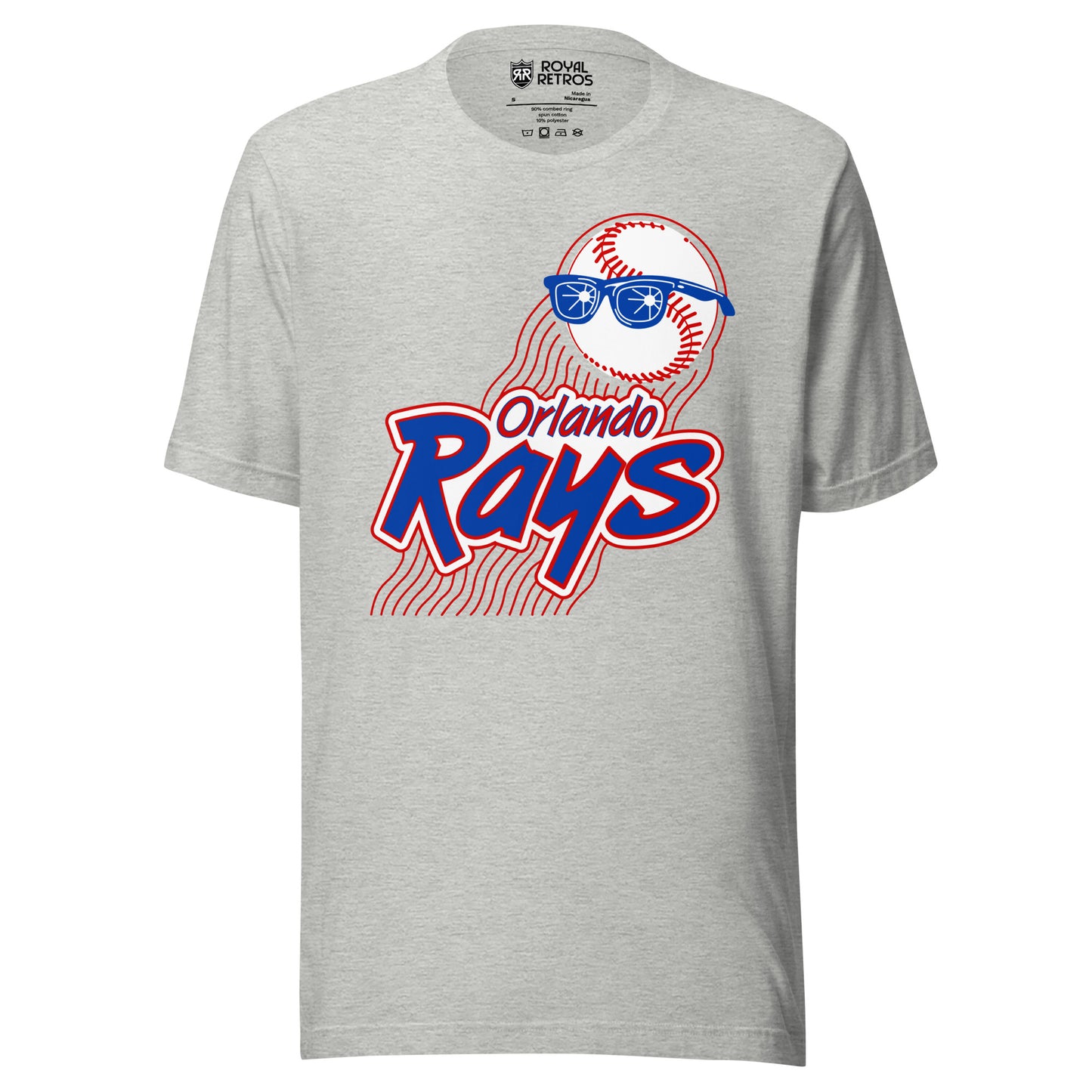 Orlando Rays baseball T-shirt. Gray. Baseball upper right wearing blue sunglasses. Orland in red small above Rays large in blue with red outline. White background for both. Red rays underneath diagonal left to right down. Royal Retros