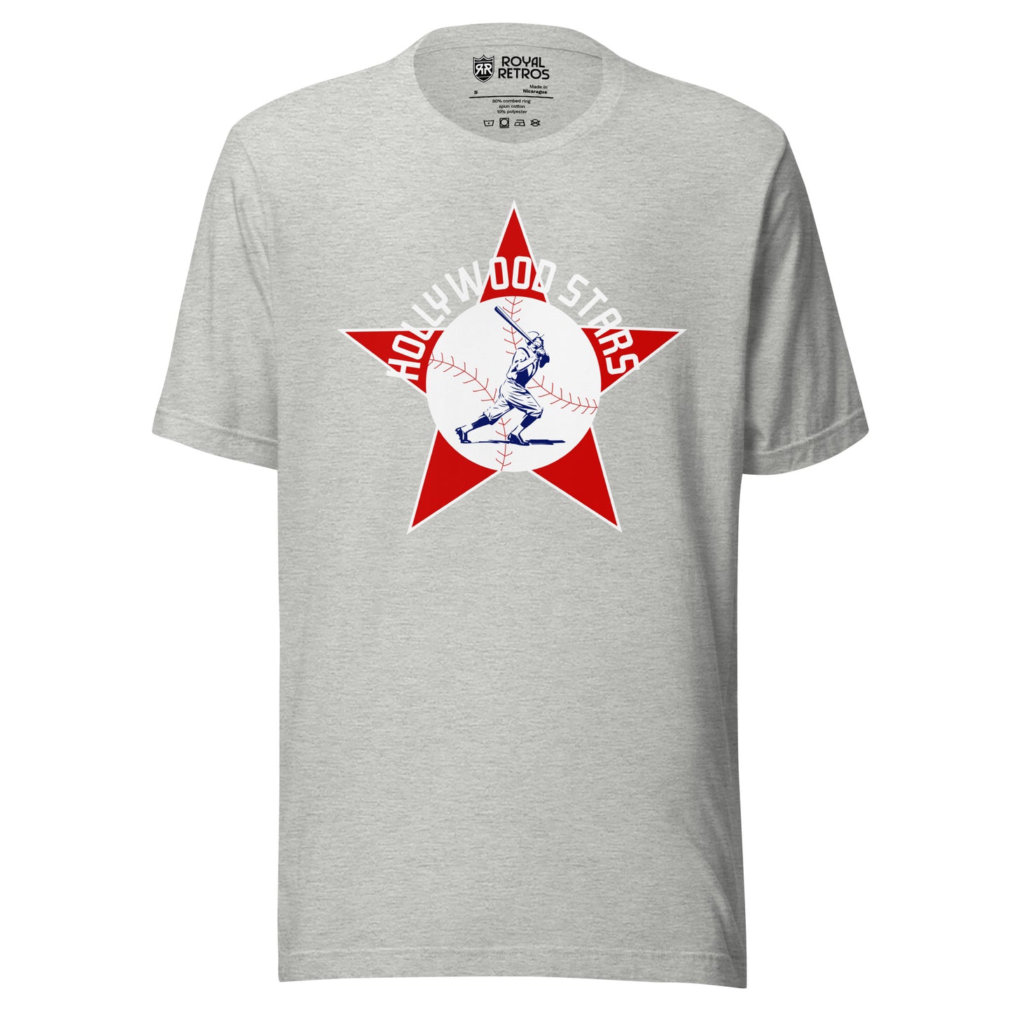 Hollywood Stars T-shirt. Gray. Red star with white trim. White circle over center. Baseball later swinging and running inside in blue detail. Hollywood Stars arched in white across top of circle. Royal Retros