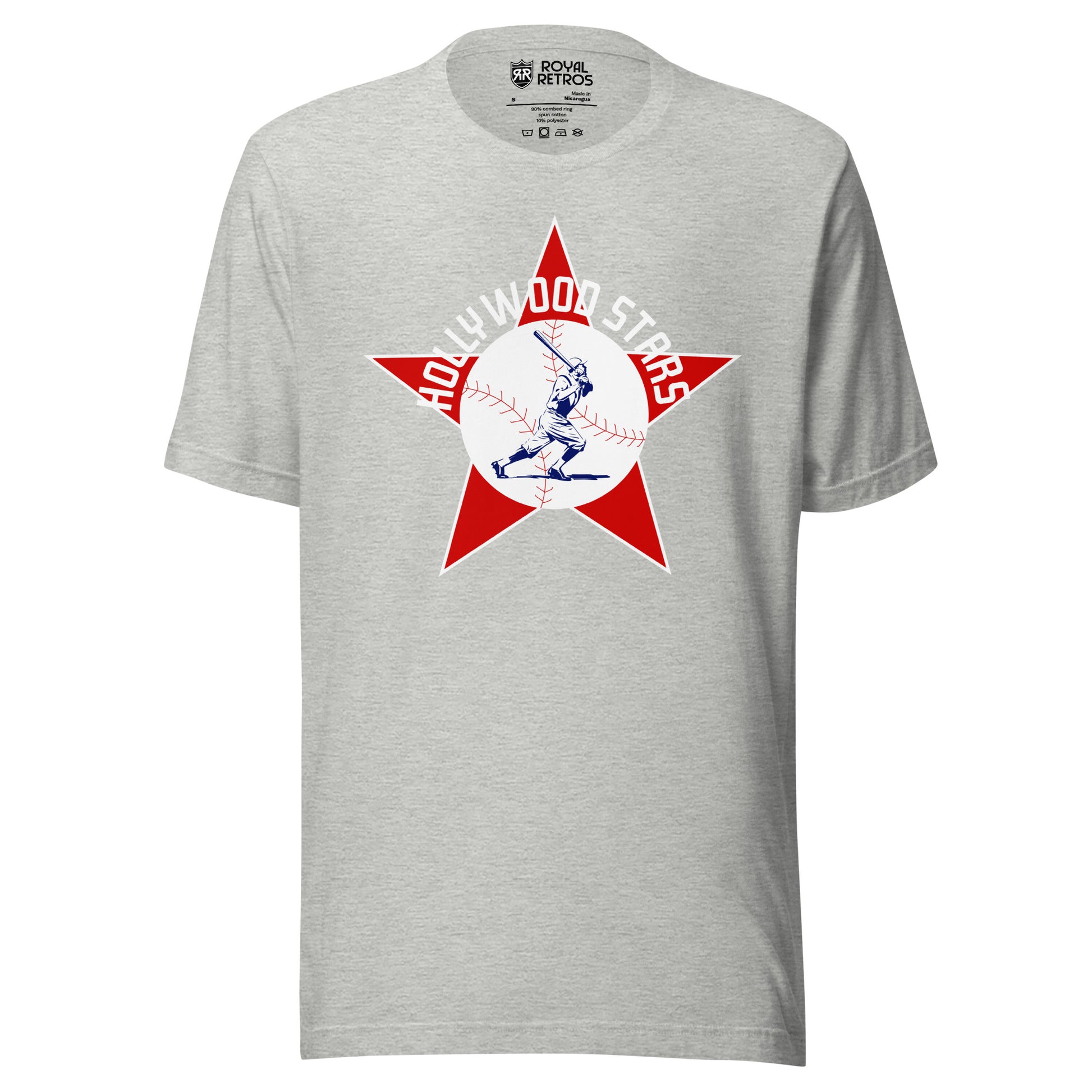 Hollywood Stars T-shirt. Gray. Red star with white trim. White circle over center. Baseball later swinging and running inside in blue detail. Hollywood Stars arched in white across top of circle. Royal Retros