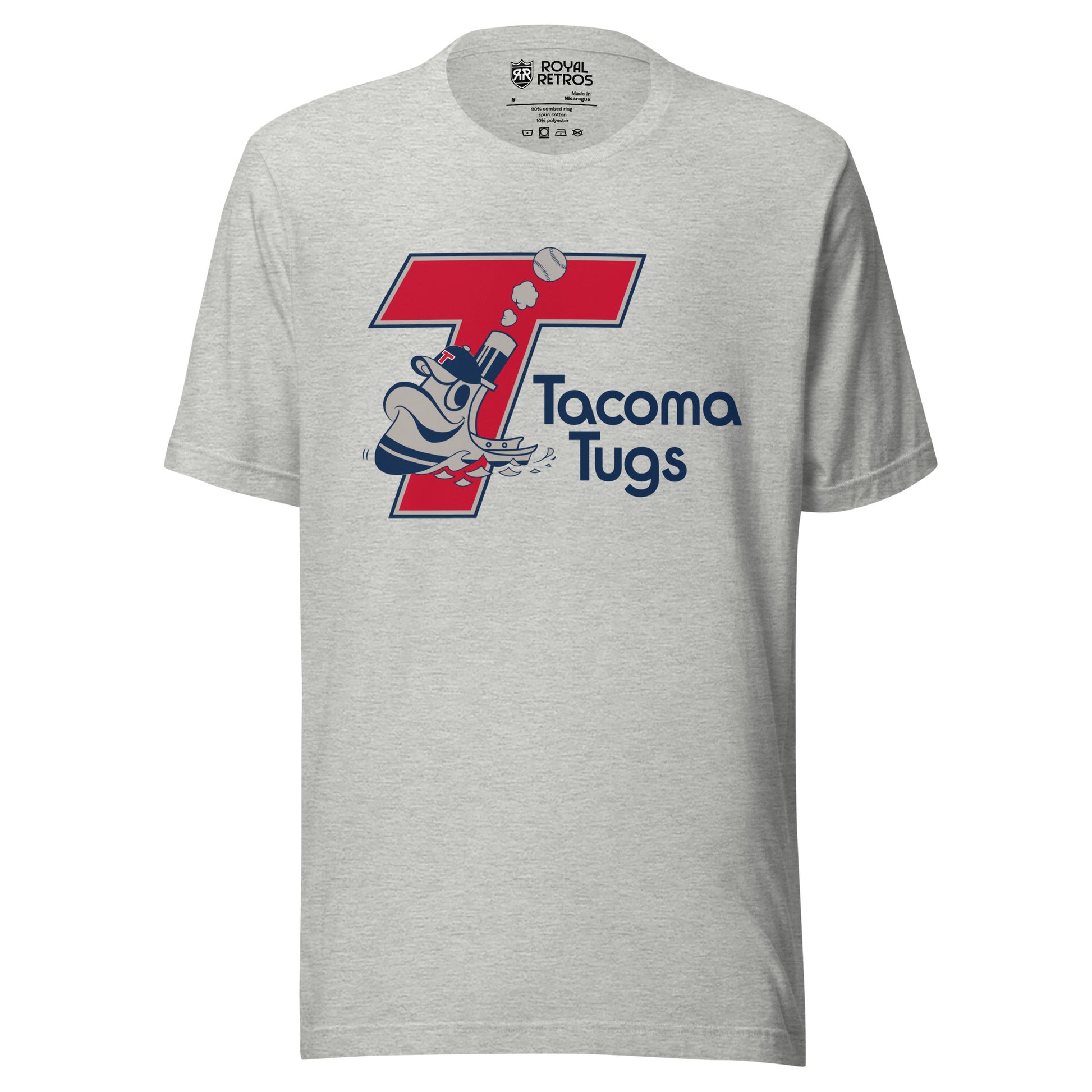 Tacoma Tugs T-shirt gray.  Angled red T with blue and white trim. Animated blue and white tig going across bottom of T. Tacoma Tugs in blue in Cascadia typeface to right of T. Royal Retros