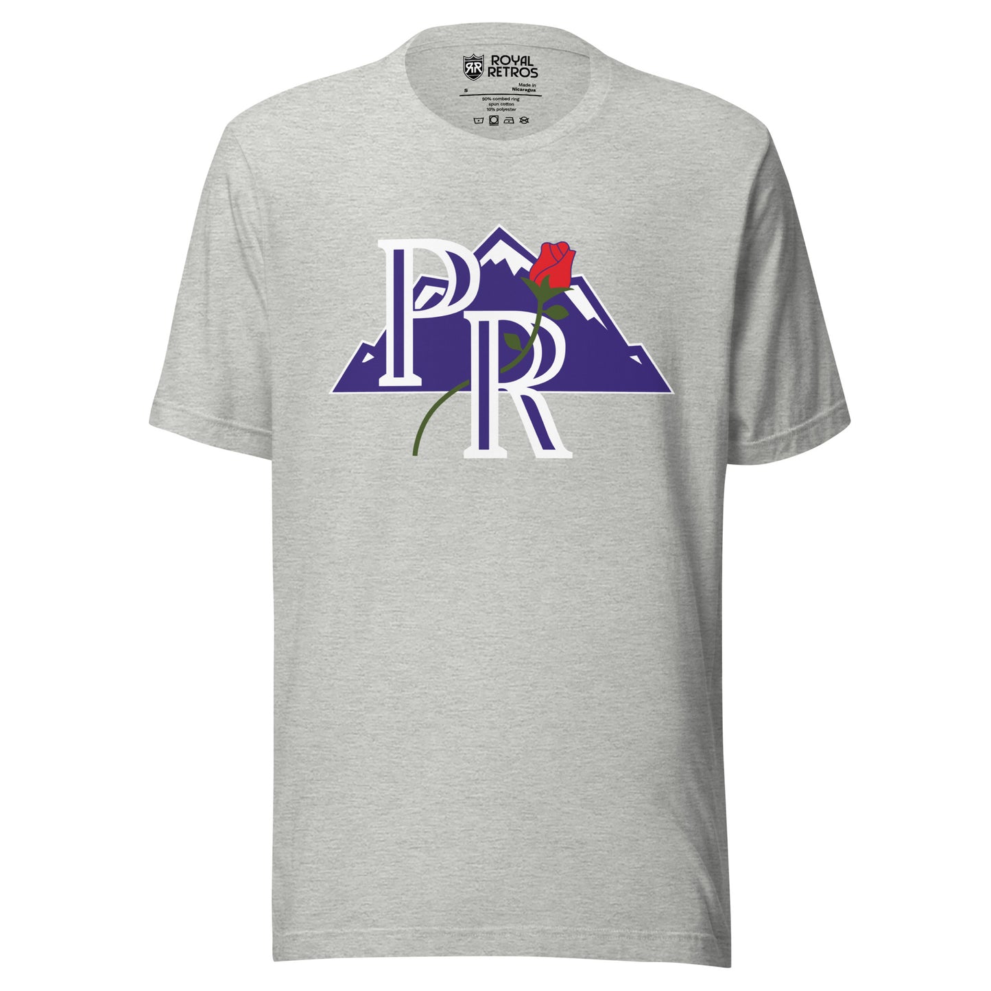 Portland Rockies baseball T-shirt gray. Purple PR outlined in white over purple mountain with white caps/ Rose going through top of Royal Retros